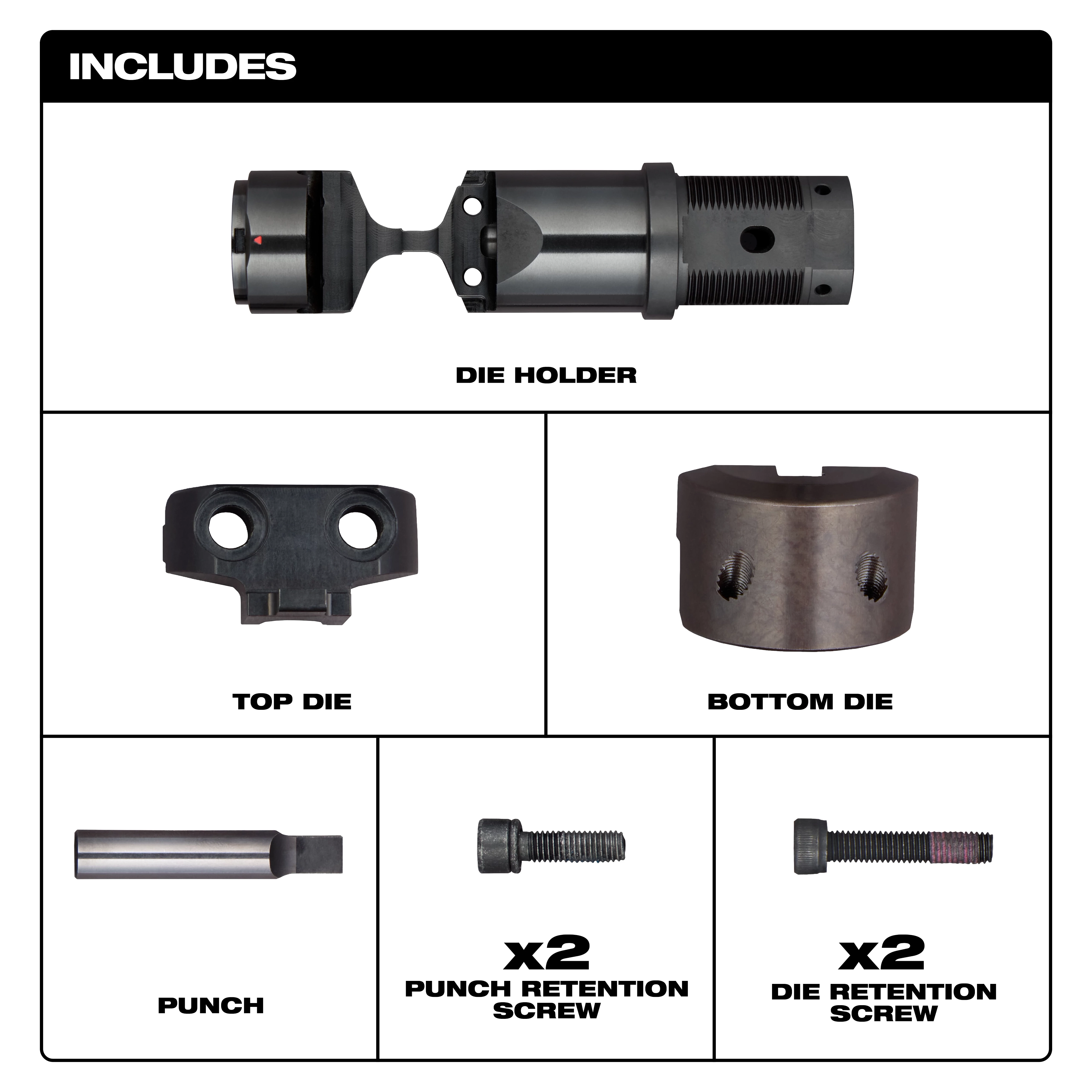 This image shows the components of the M18 FUEL™ 10 Ga Die Holder Kit. It includes a die holder, top die, bottom die, punch, two punch retention screws, and two die retention screws, all laid out separately with labels.