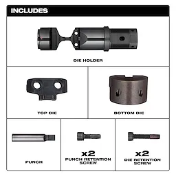 This image shows the components of the M18 FUEL™ 10 Ga Die Holder Kit. It includes a die holder, top die, bottom die, punch, two punch retention screws, and two die retention screws, all laid out separately with labels.
