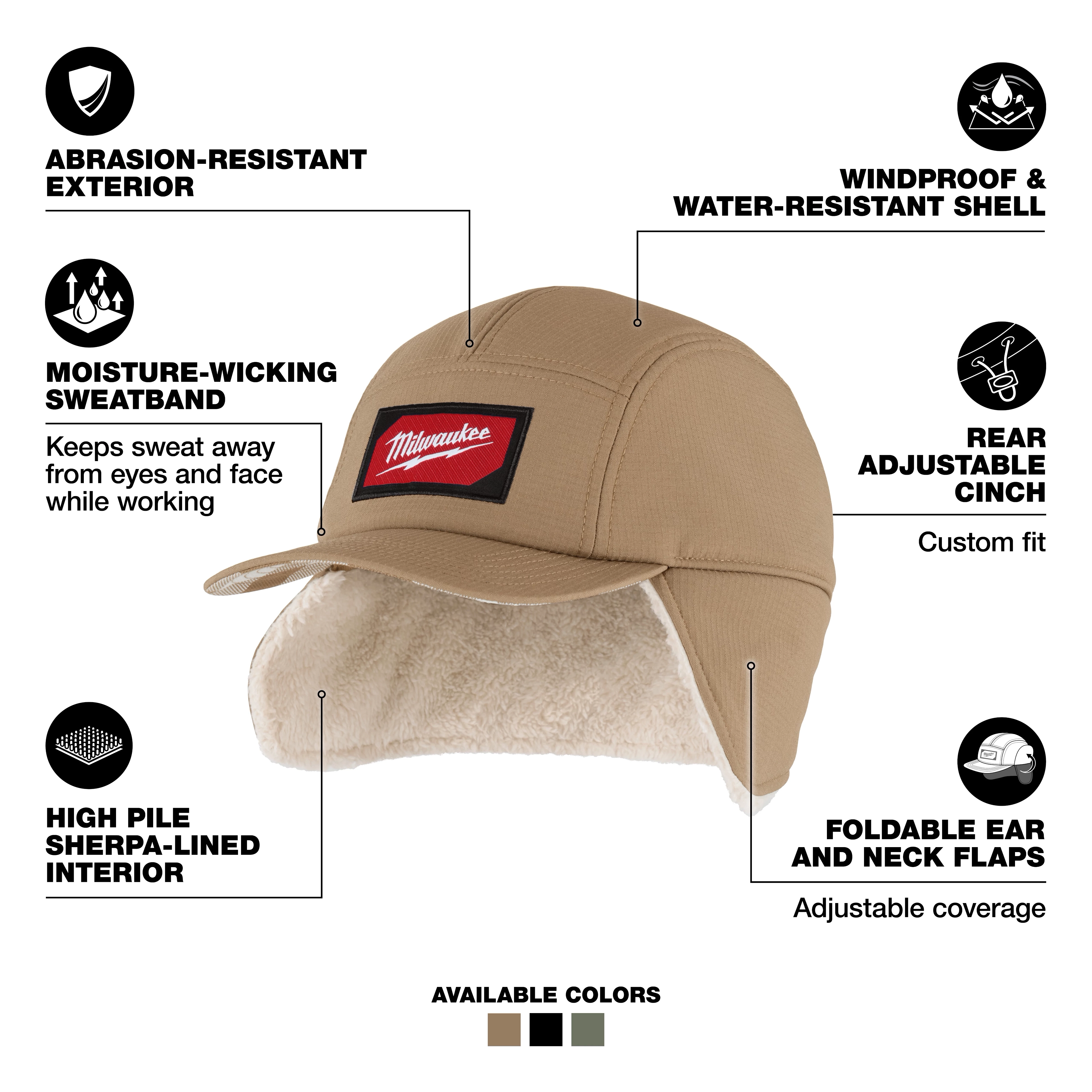 Milwaukee Sherpa-Lined Hat with ear and neck flaps and soft interior, shown in multiple color options.