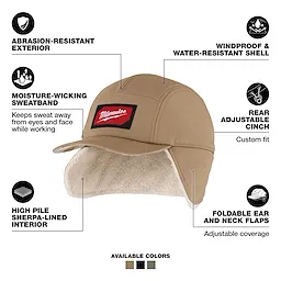 Milwaukee Sherpa-Lined Hat with ear and neck flaps and soft interior, shown in multiple color options.