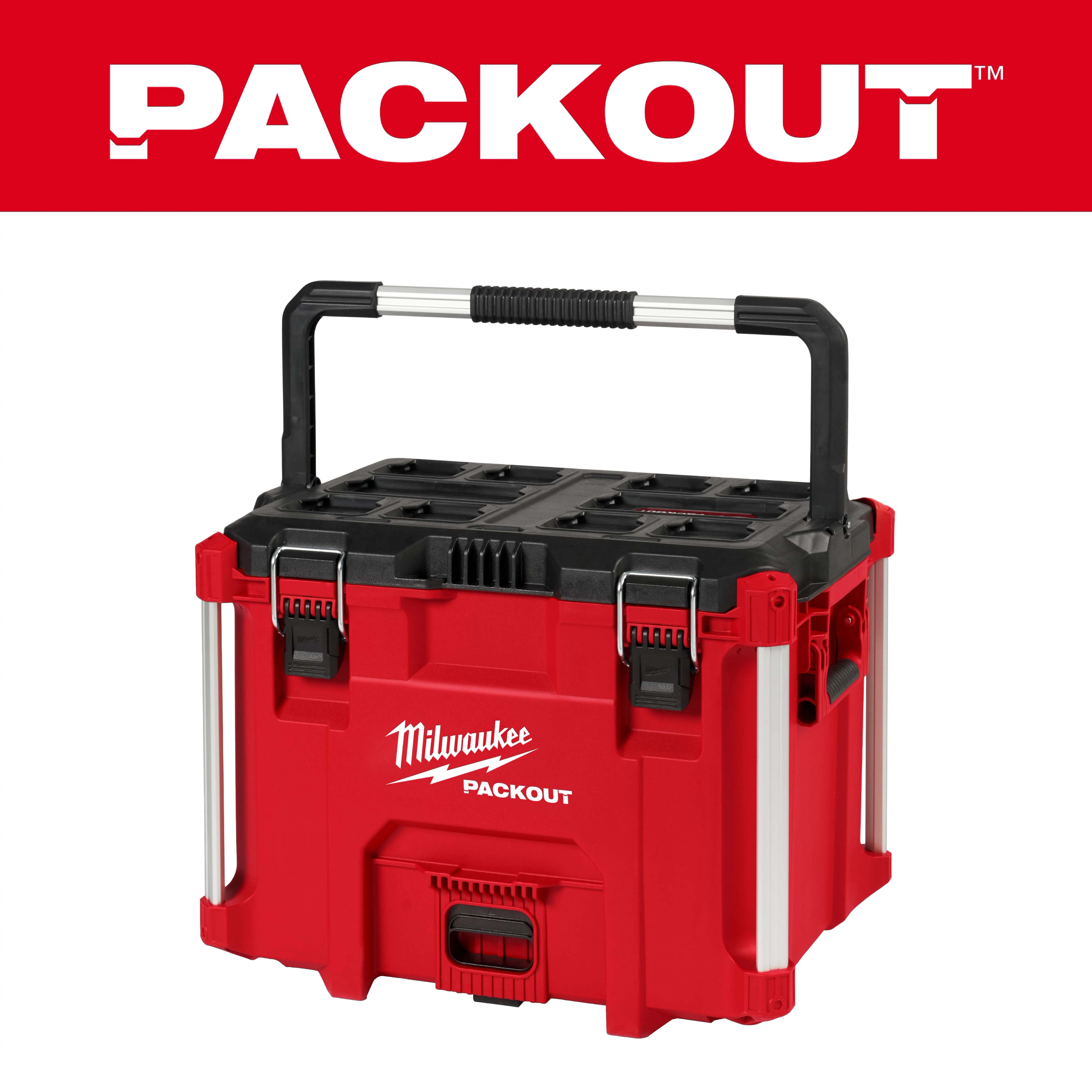 Red PACKOUT XL Tool Box with black handle and latches, featuring the Milwaukee logo on the front, displayed under a large PACKOUT banner.