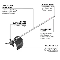 M18 FUEL QUIK-LOK Brush Cutter Attachment with long metal shaft, brush cutter blade, and blade shield.