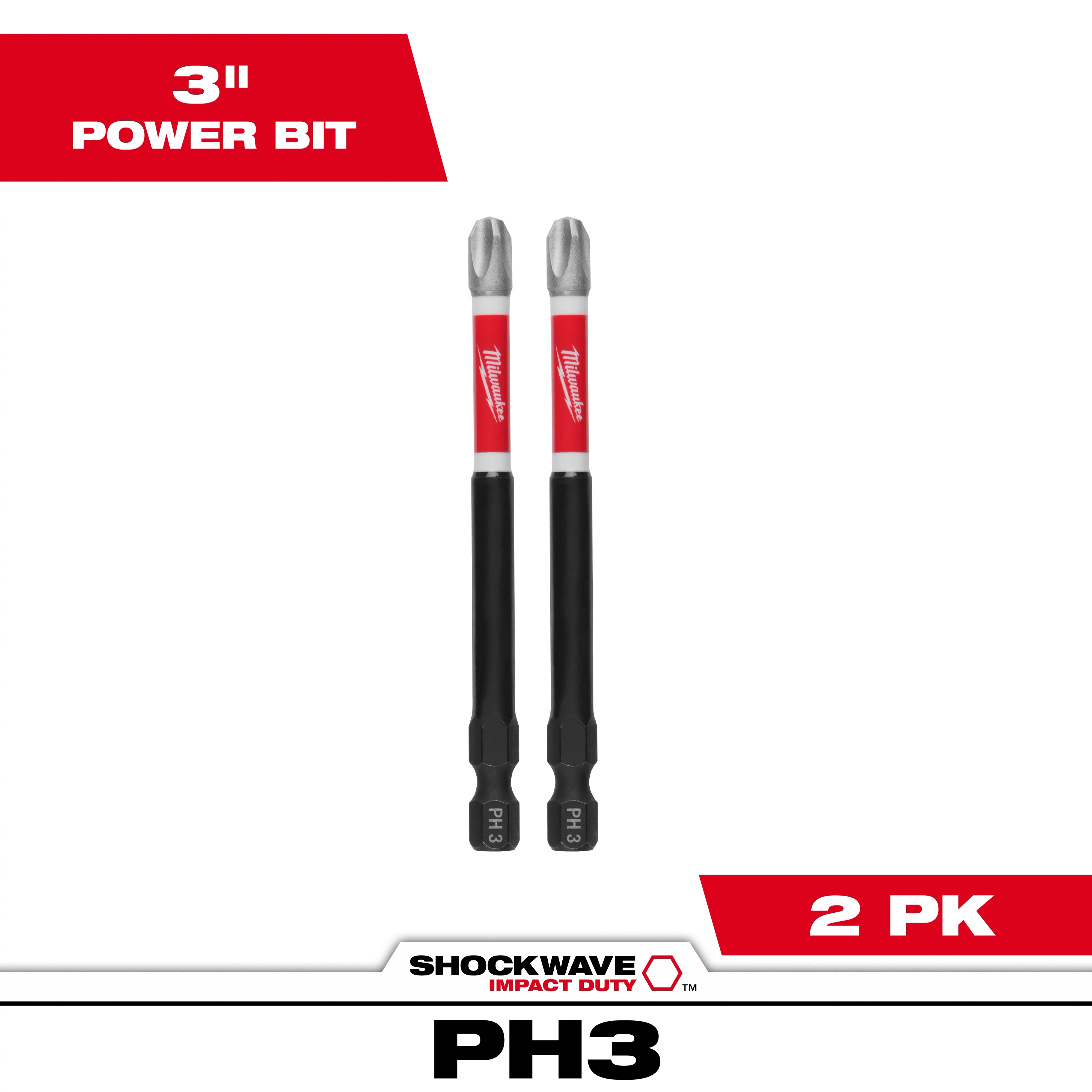 Two Milwaukee SHOCKWAVE™ 3" Impact Duty PH3 bits. The bits have red and black bodies with silver tips, marked PH3 at the base. Text on the image reads "3" Power Bit" and "2 PK," indicating a pack of two.