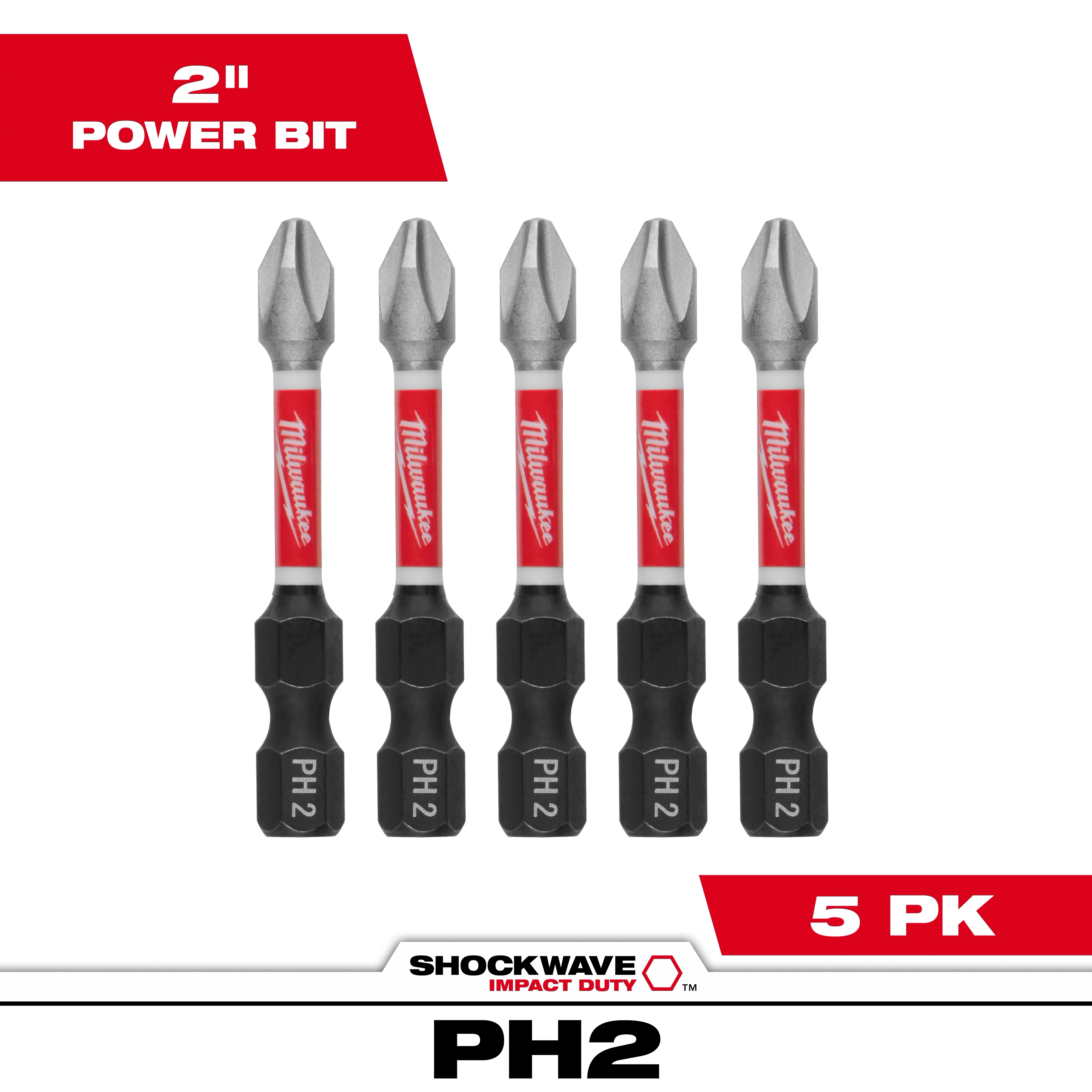 The image shows five SHOCKWAVE™ 2” Impact Duty Phillips #2 Power Bits (5 PK) arranged vertically. Each bit has a red and silver shaft with a black base labeled "PH 2." The packaging highlights "2” Power Bit" and "5 PK" in red boxes.