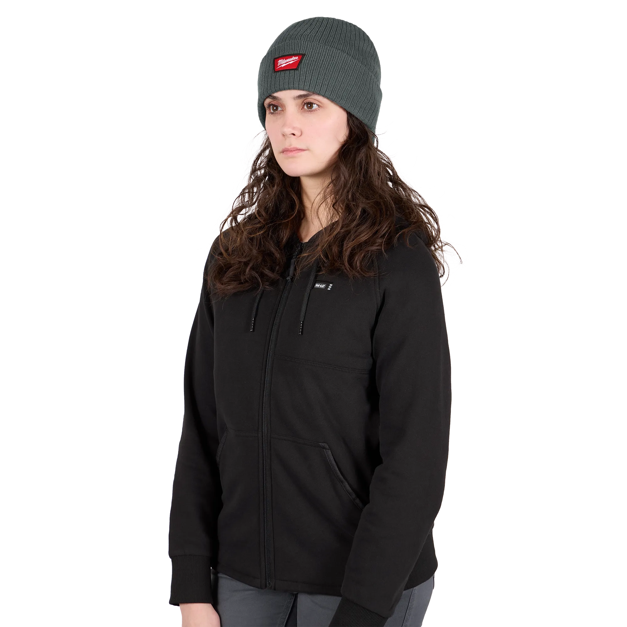 Image of a woman wearing the Milwaukee Rib-Knit Cuffed Beanie in green