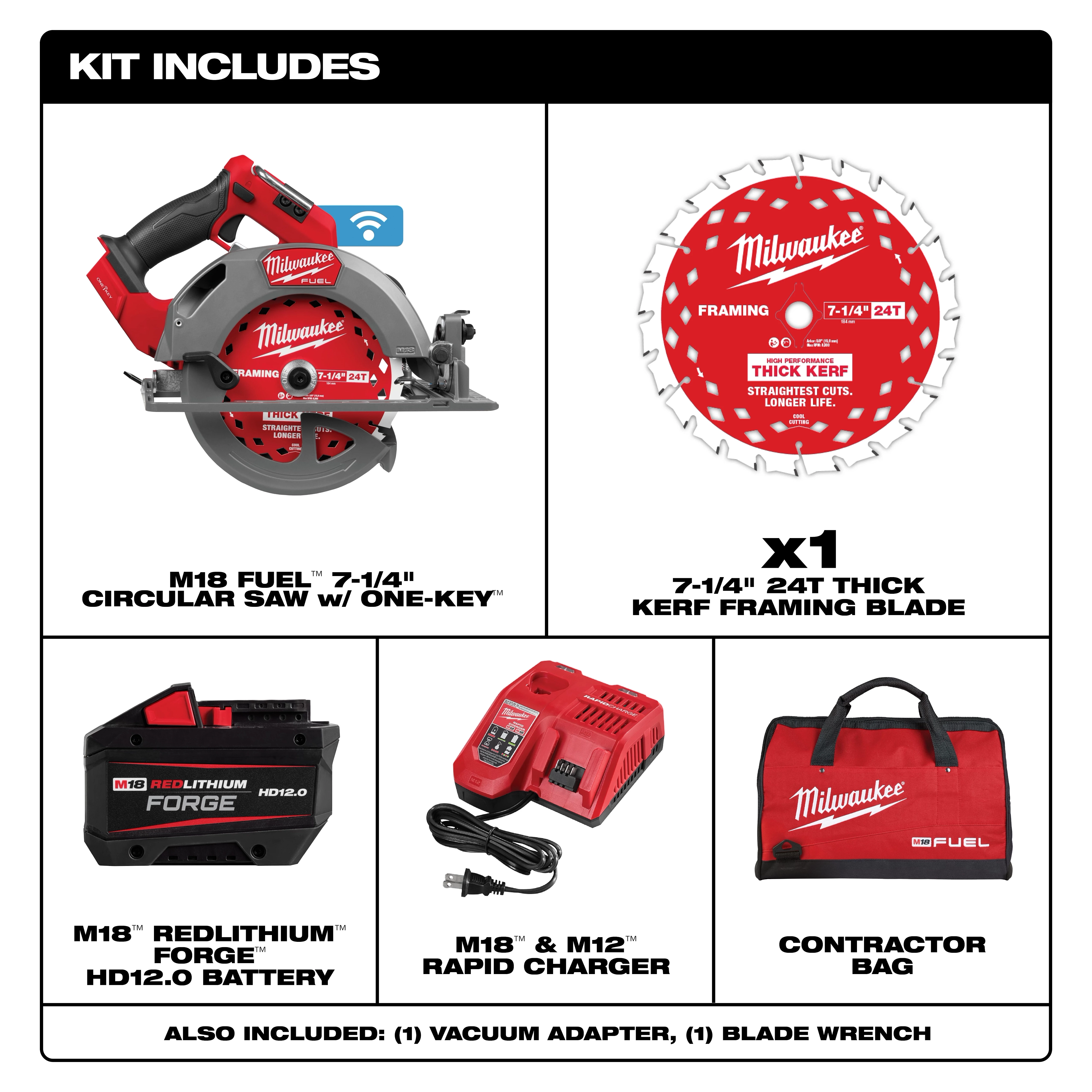The product is the M18 FUEL™ 7-1/4” Circular Saw w/ ONE-KEY™. The kit includes a 7-1/4" 24T thick kerf framing blade, M18™ REDLITHIUM™ FORGE™ HD12.0 battery, M18™ & M12™ rapid charger, contractor bag, vacuum adapter, and blade wrench.