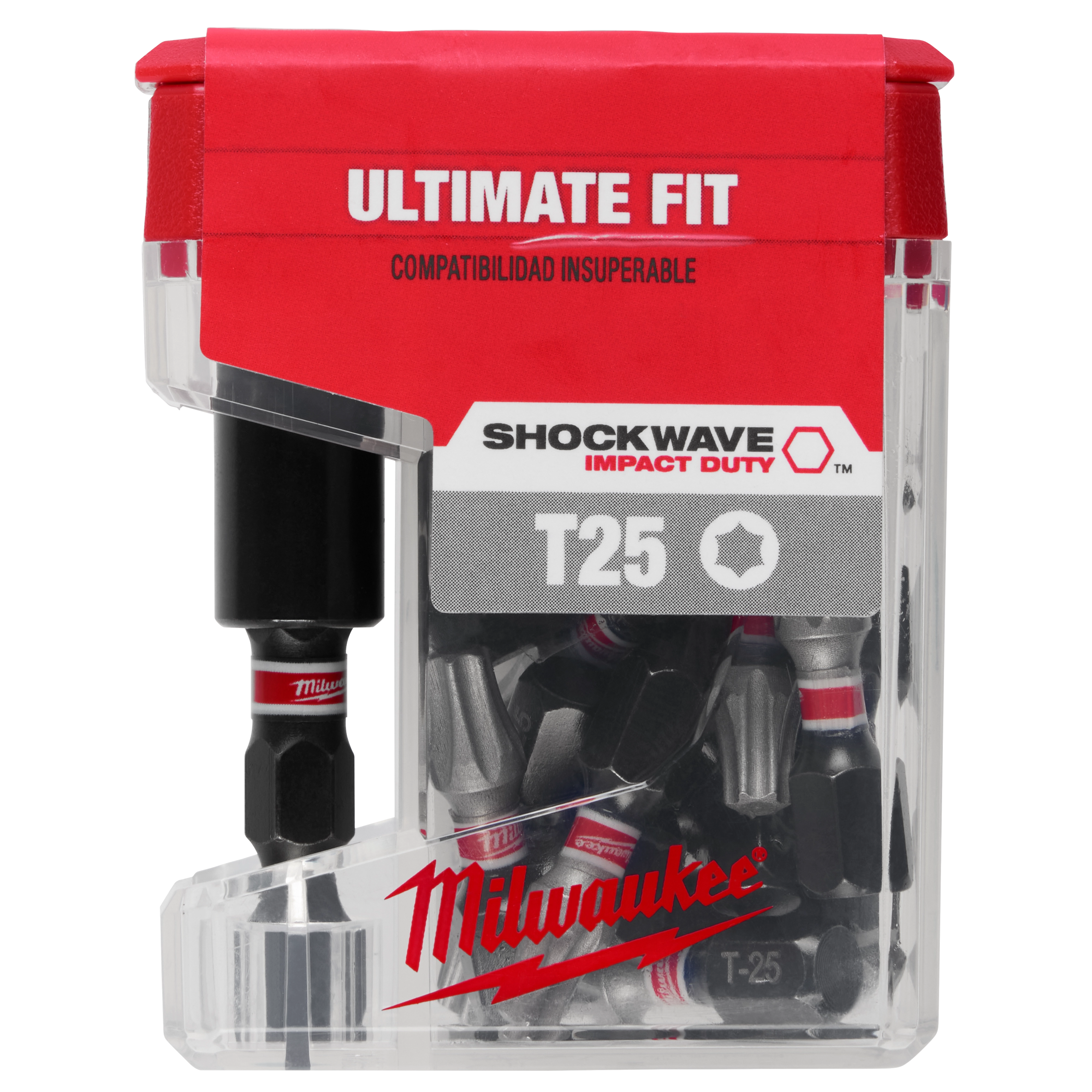 The image shows a clear plastic case of Milwaukee T25 Shockwave Impact Duty screwdriver bits labeled "Ultimate Fit." The case contains multiple bits with a red band and Milwaukee branding. The packaging highlights compatibility and includes text in both English and Spanish.