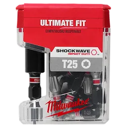 The image shows a clear plastic case of Milwaukee T25 Shockwave Impact Duty screwdriver bits labeled "Ultimate Fit." The case contains multiple bits with a red band and Milwaukee branding. The packaging highlights compatibility and includes text in both English and Spanish.