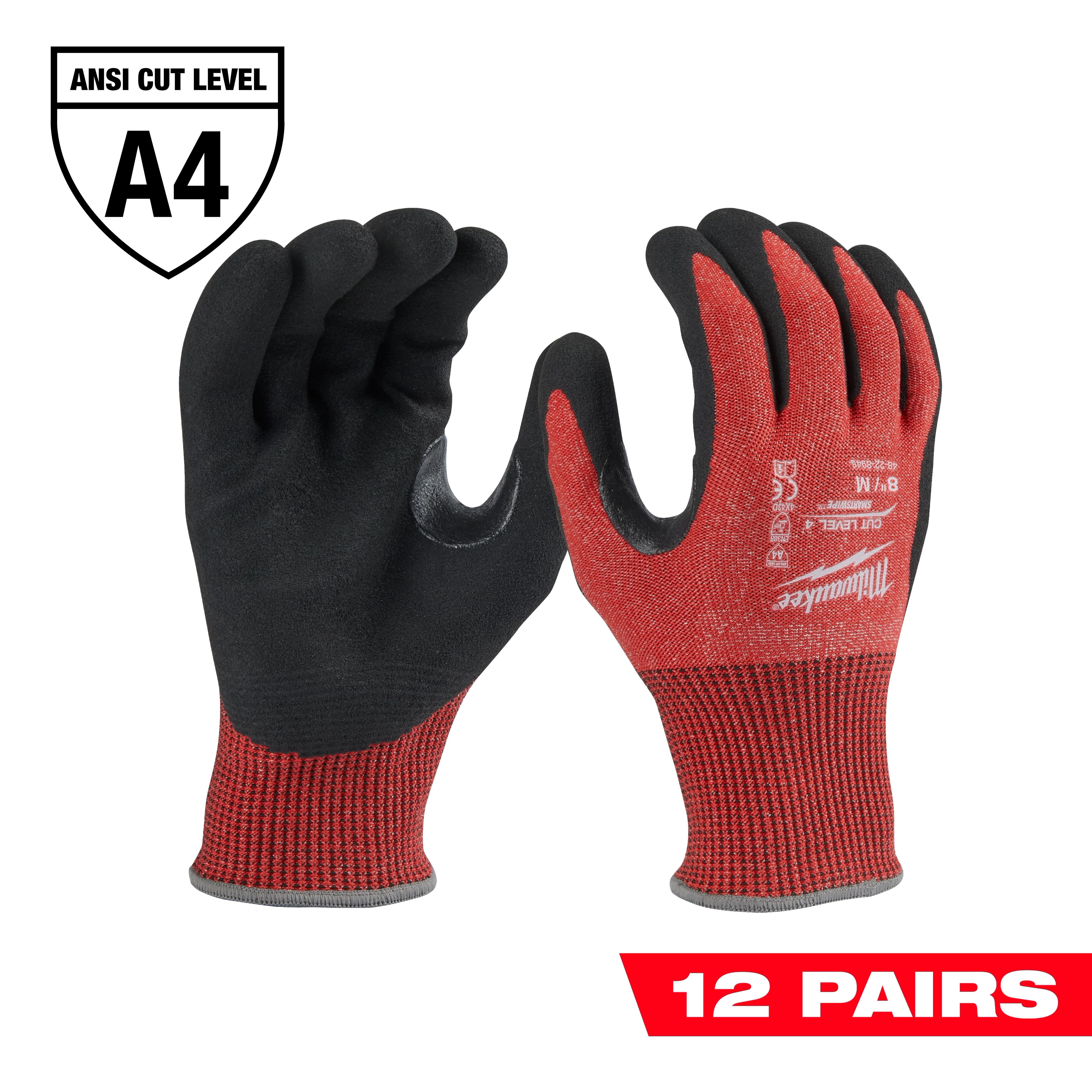 12PK Cut Level 4 Nitrile Dipped Gloves - M featuring red and black design, ANSI cut level A4 rating, sold in 12 pairs.