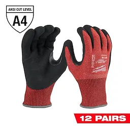 12PK Cut Level 4 Nitrile Dipped Gloves - M featuring red and black design, ANSI cut level A4 rating, sold in 12 pairs.