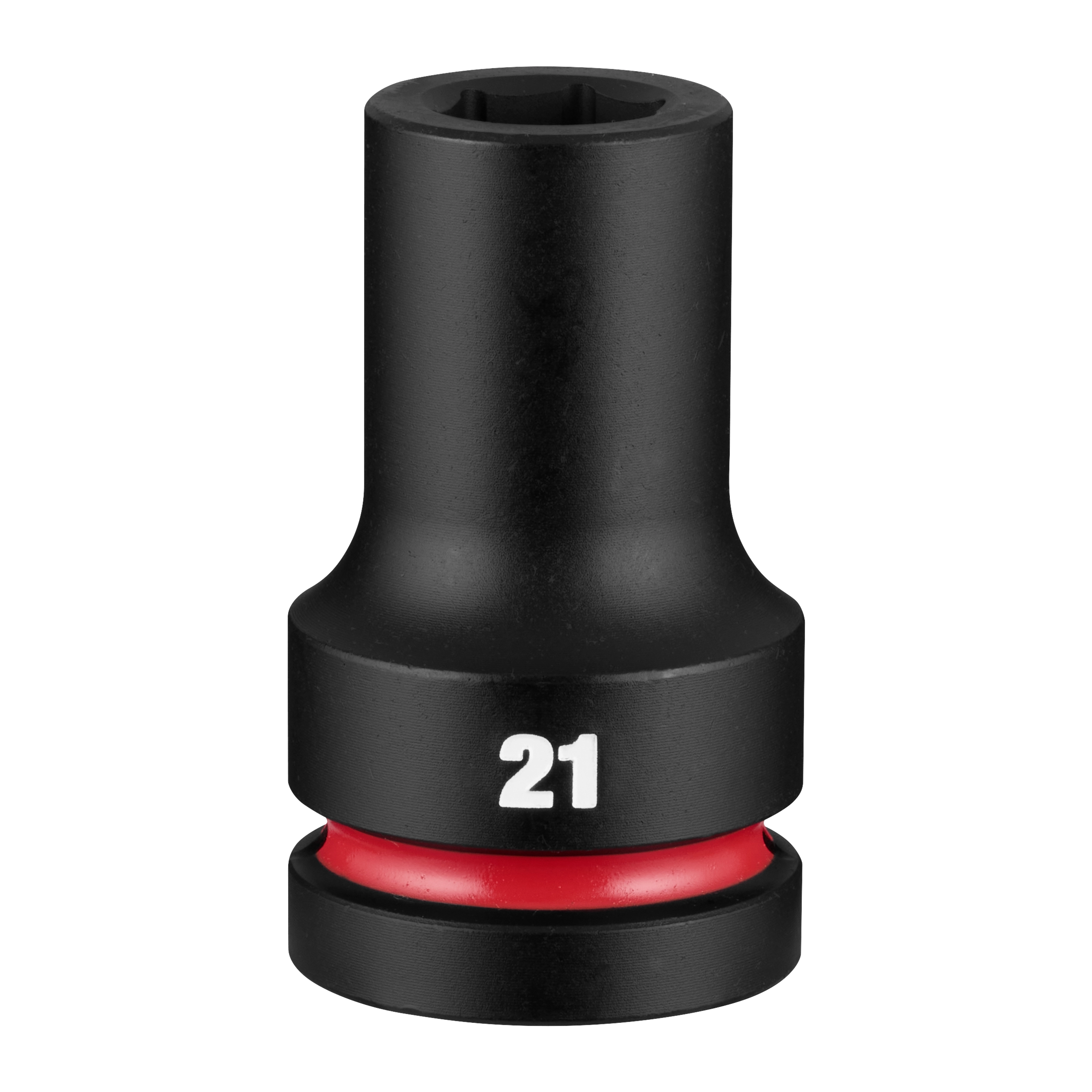 SHOCKWAVE Impact Duty 1" Drive 21mm Deep 6 Point Socket standing upright with 21 marking and red ring near base.