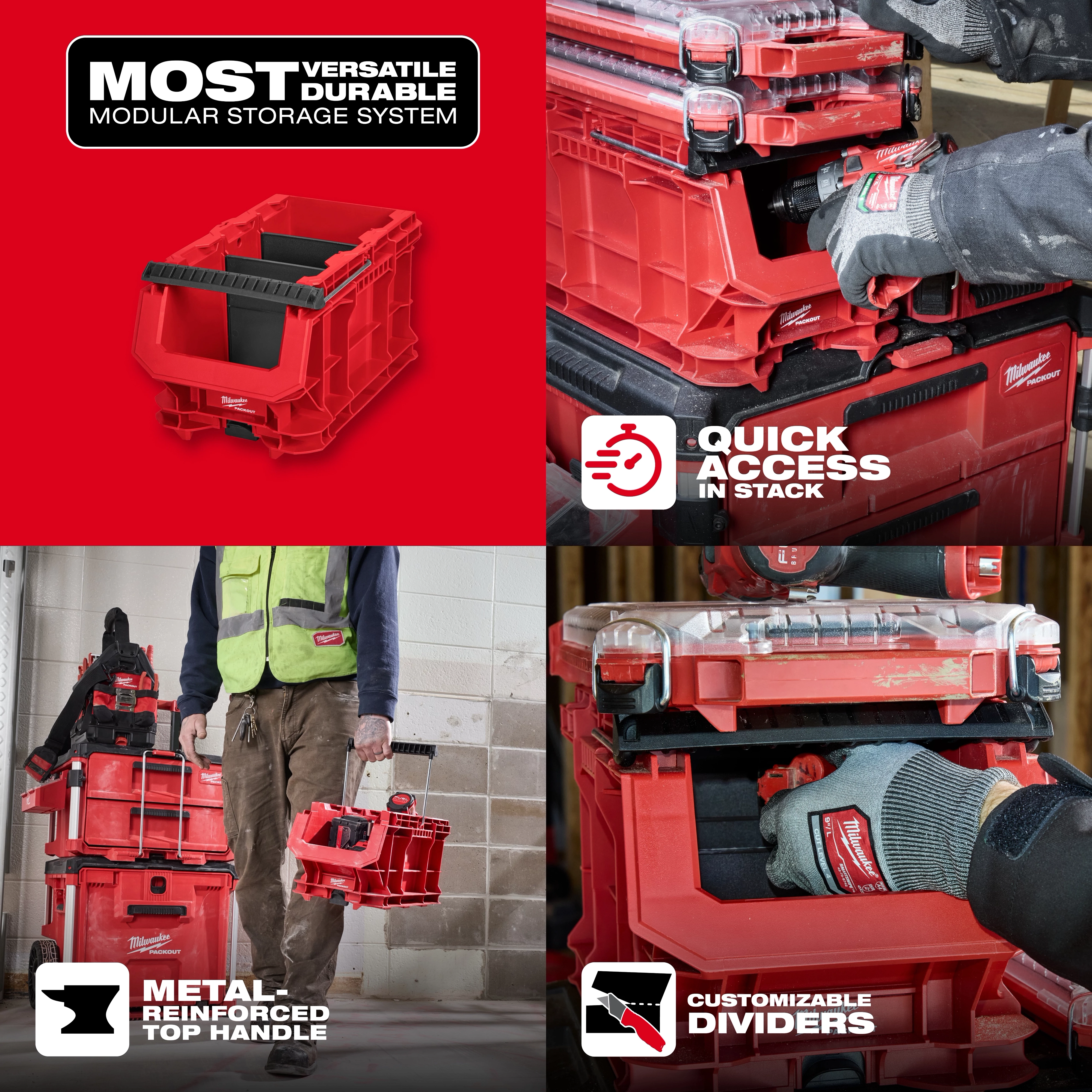 Worker using red PACKOUT Compact Crate storage box with stackable organizers and customizable dividers