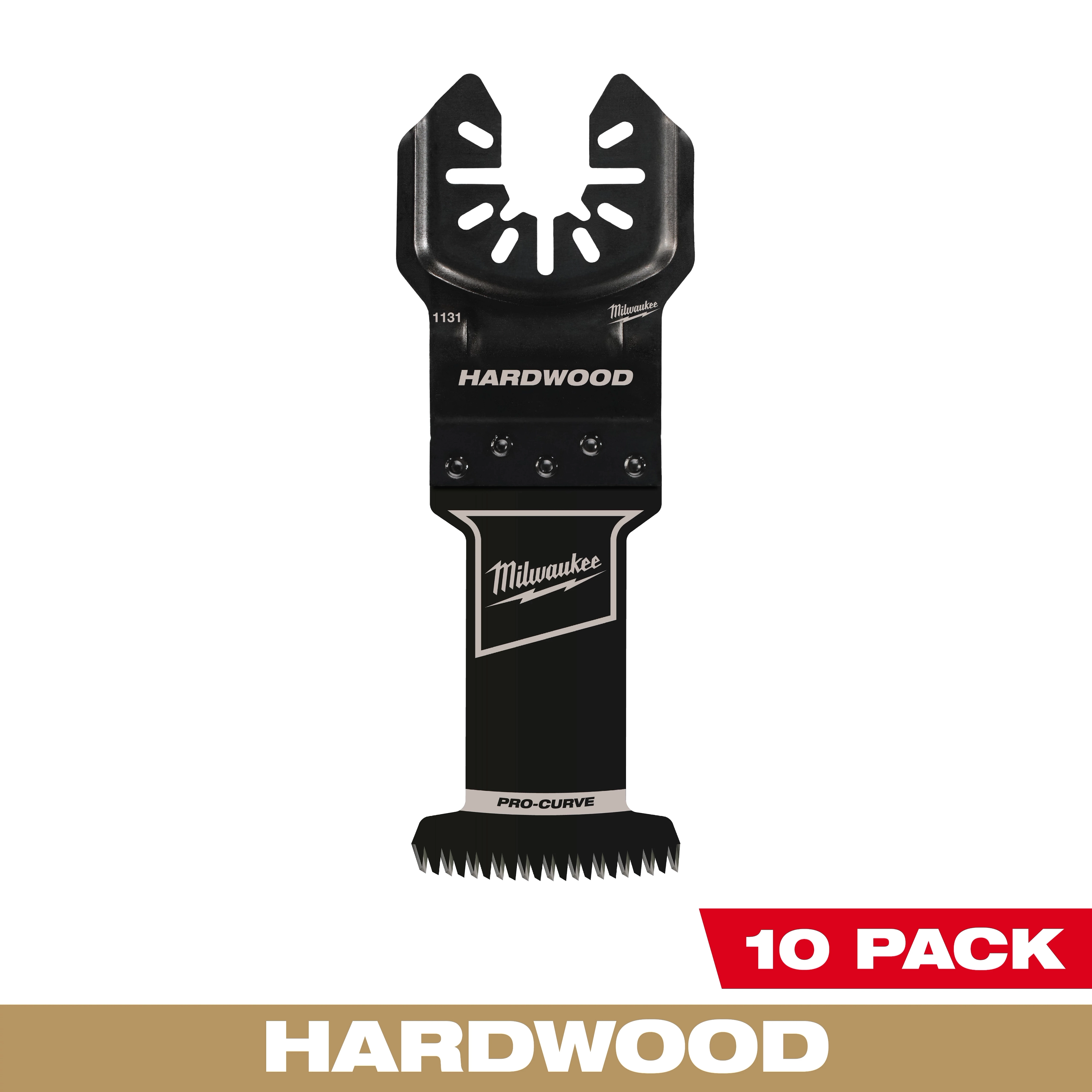Milwaukee OPEN-LOK 1-3/8" HCS Japanese Tooth Pro-Curve Hardwood Blade, 10-pack, displayed with black finish and sharp teeth.