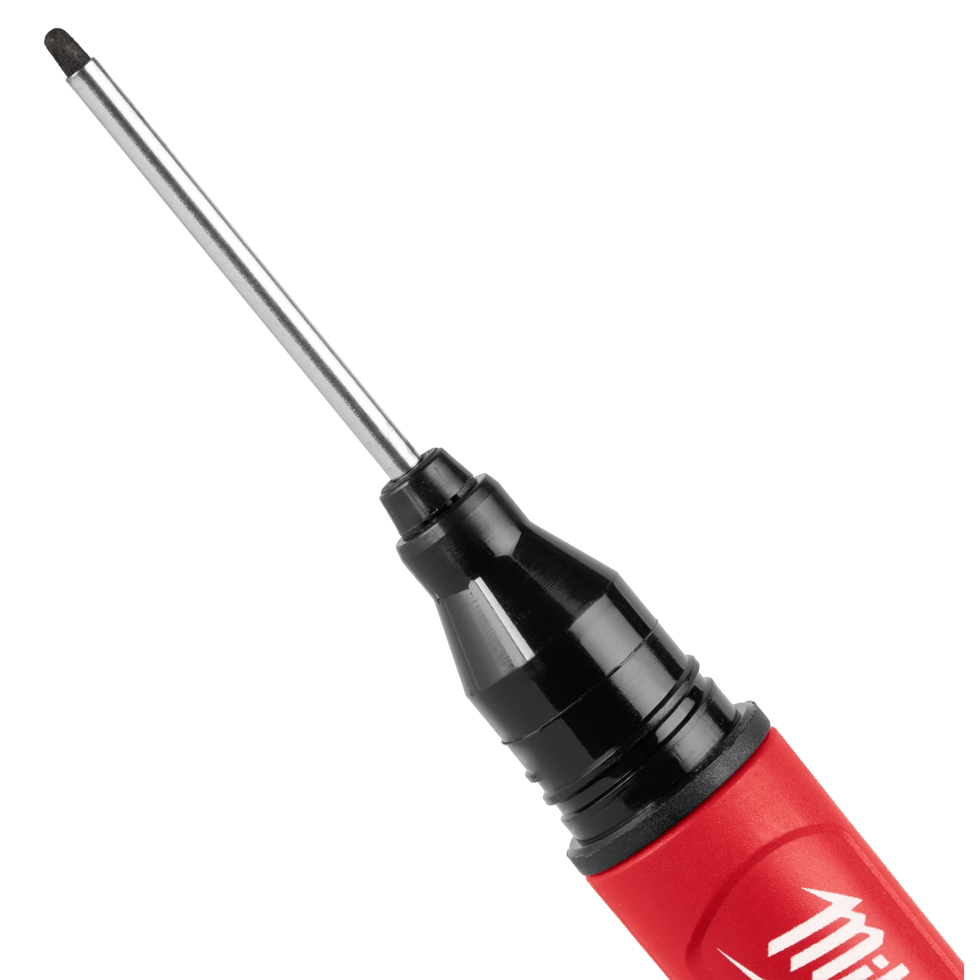 The INKZALL™ 2IN1 Deep Reach Ultra Fine Point Black Jobsite Marker features an elongated tip for hard-to-reach areas. The marker has a red body with a black cap and retractable silver point, ideal for precision marking on various surfaces.