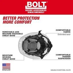 BOLT 4PT Full Brim Non-Vented Safety Helmet with moisture-wicking, washable sweatband, padded suspension, and comfortable fabric for extended wear.