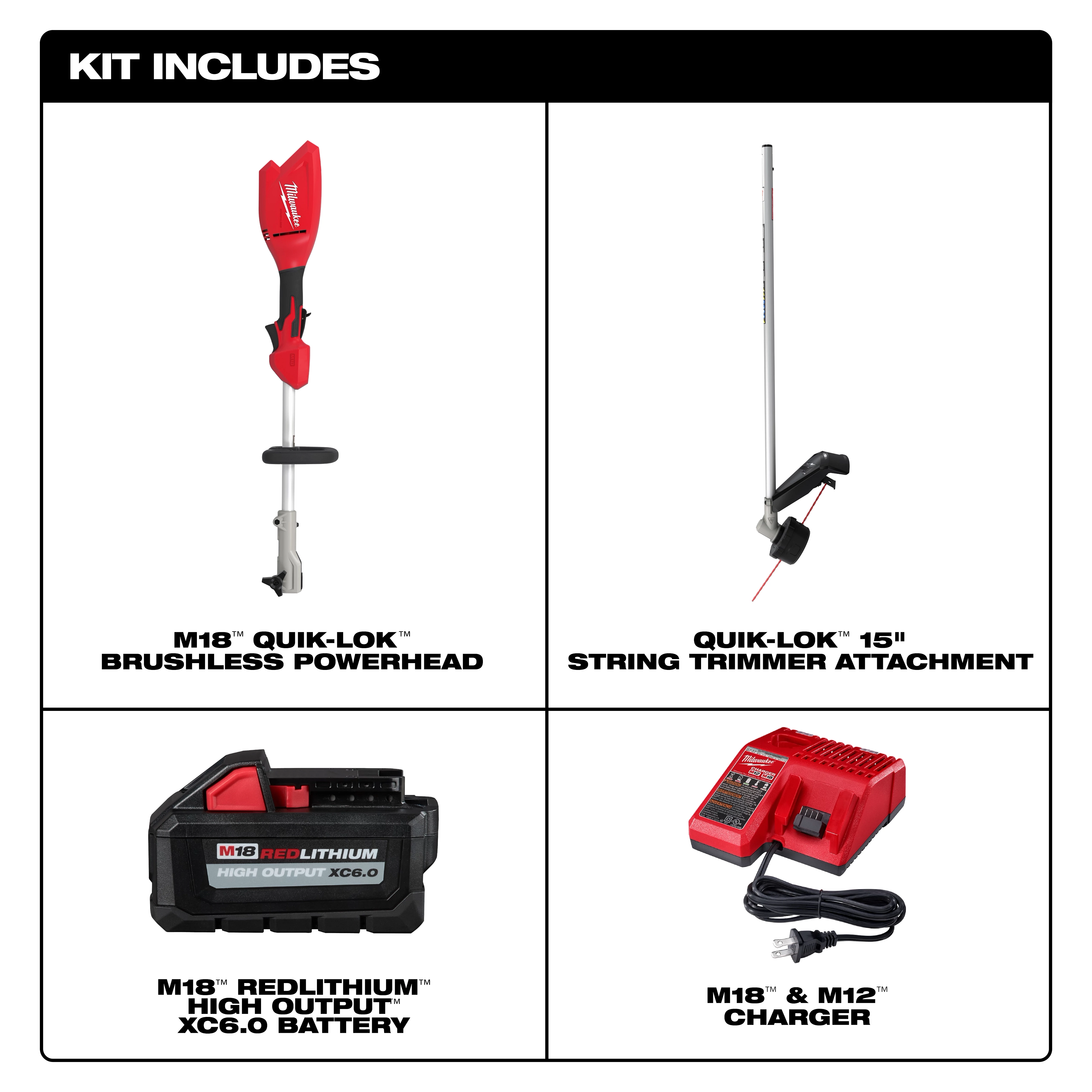 M18 QUIK-LOK Brushless 15” String Trimmer Kit with powerhead, trimmer attachment, battery, and charger.