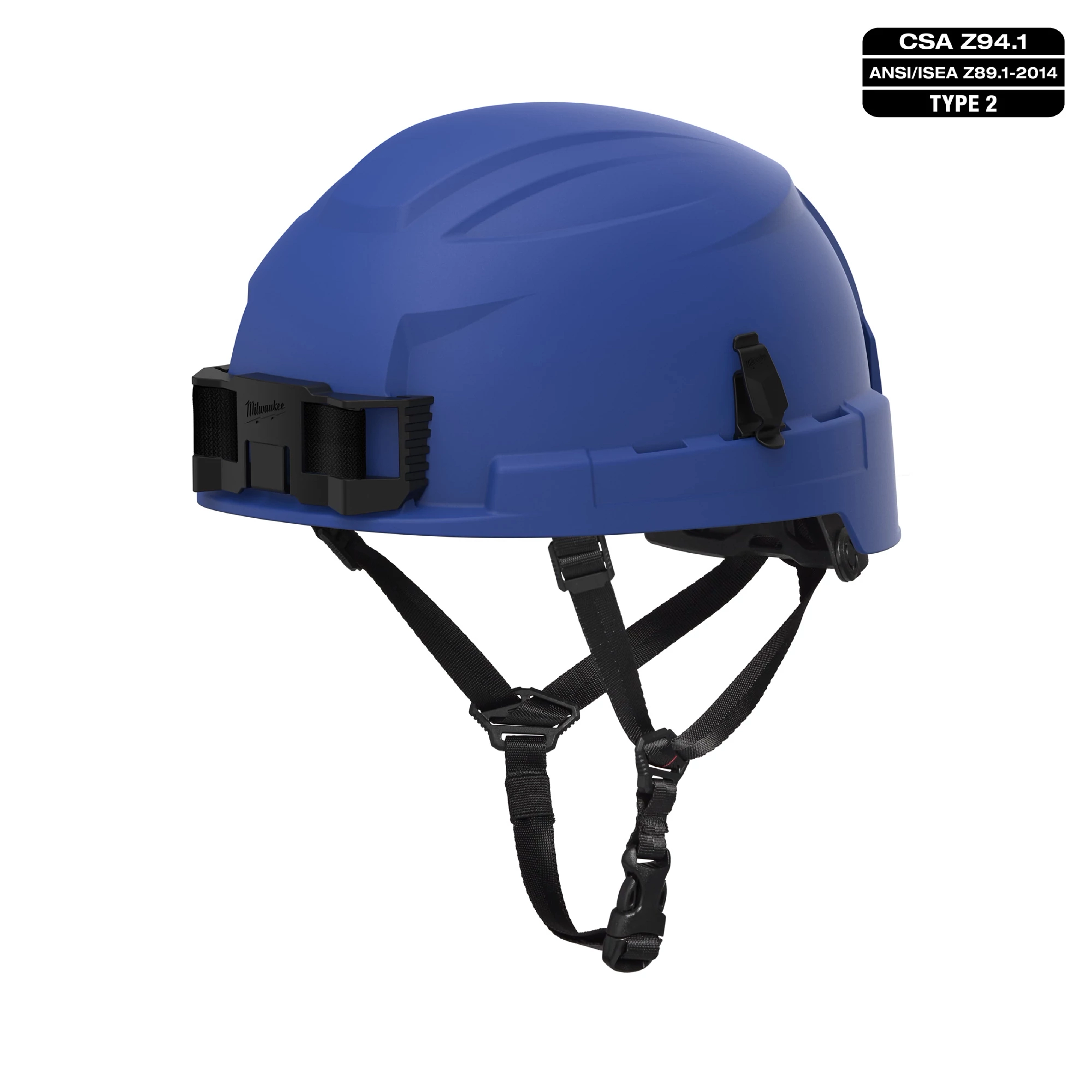 BOLT Blue Safety Helmet with 4-point ratcheting suspension, Type 2, Class E, featuring CSA Z94.1 and ANSI/ISEA Z89.1-2014 standards.