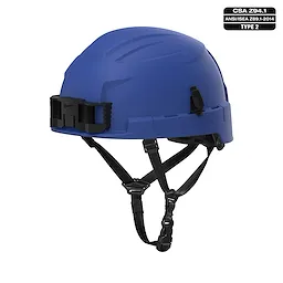 BOLT Blue Safety Helmet with 4-point ratcheting suspension, Type 2, Class E, featuring CSA Z94.1 and ANSI/ISEA Z89.1-2014 standards.