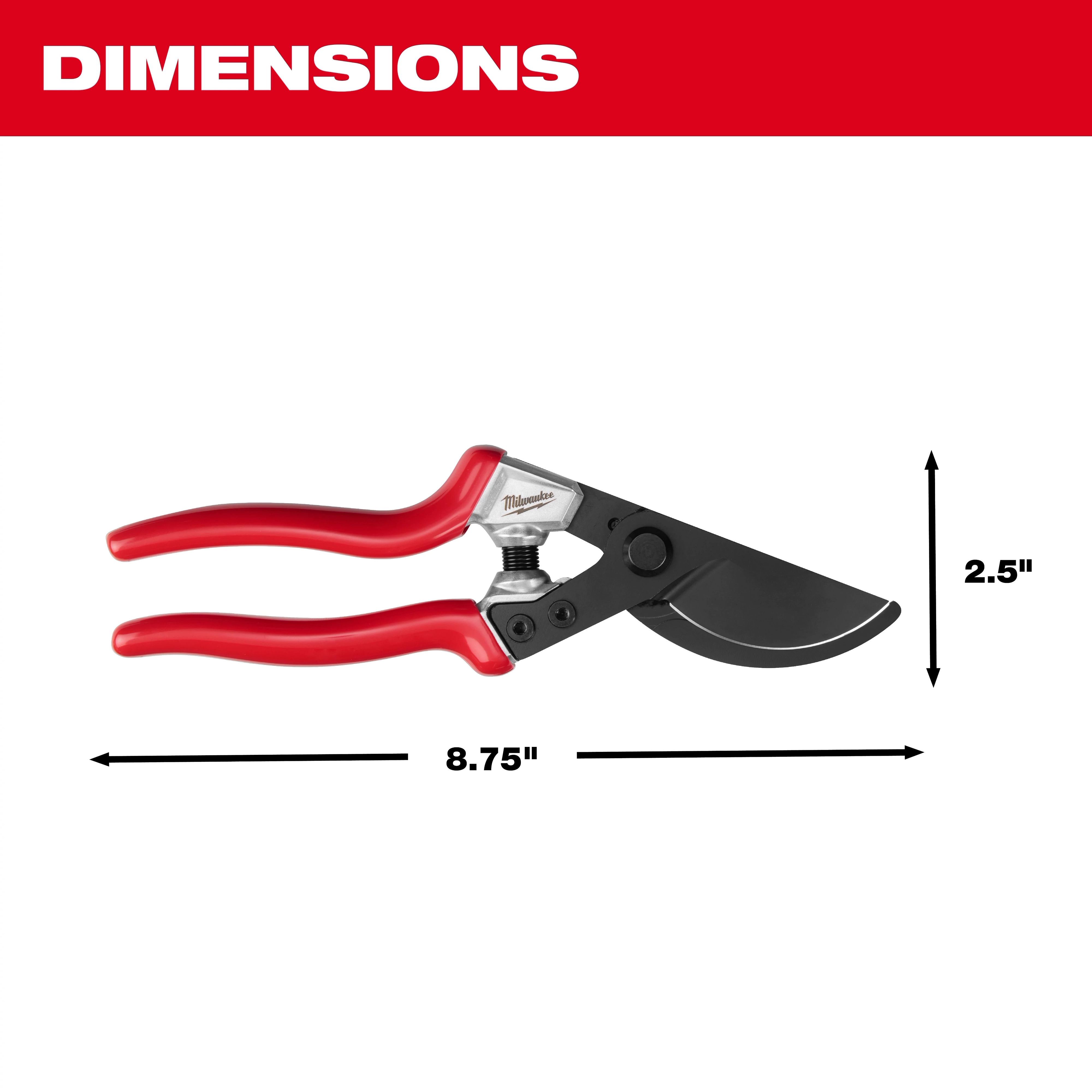 1” Angled Pruner with red handles and black blade, labeled 8.75 inches long and 2.5 inches tall.