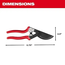 1” Angled Pruner with red handles and black blade, labeled 8.75 inches long and 2.5 inches tall.