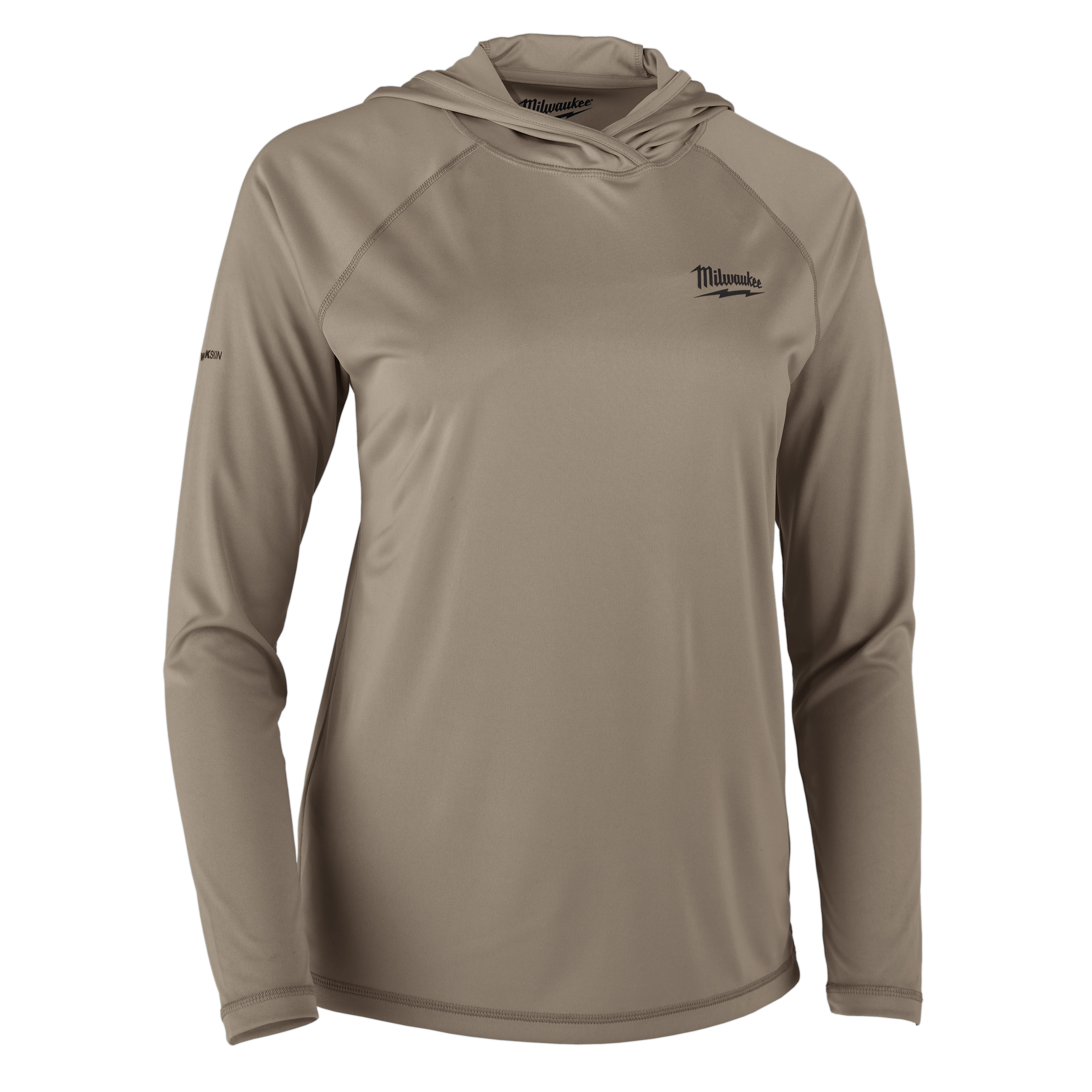 The image shows the Women's WORKSKIN™ Hooded Sun Shirt – Sandstone. It is a long-sleeved, lightweight, beige hooded shirt designed for sun protection. The shirt features the Milwaukee logo on the chest and is intended for women.