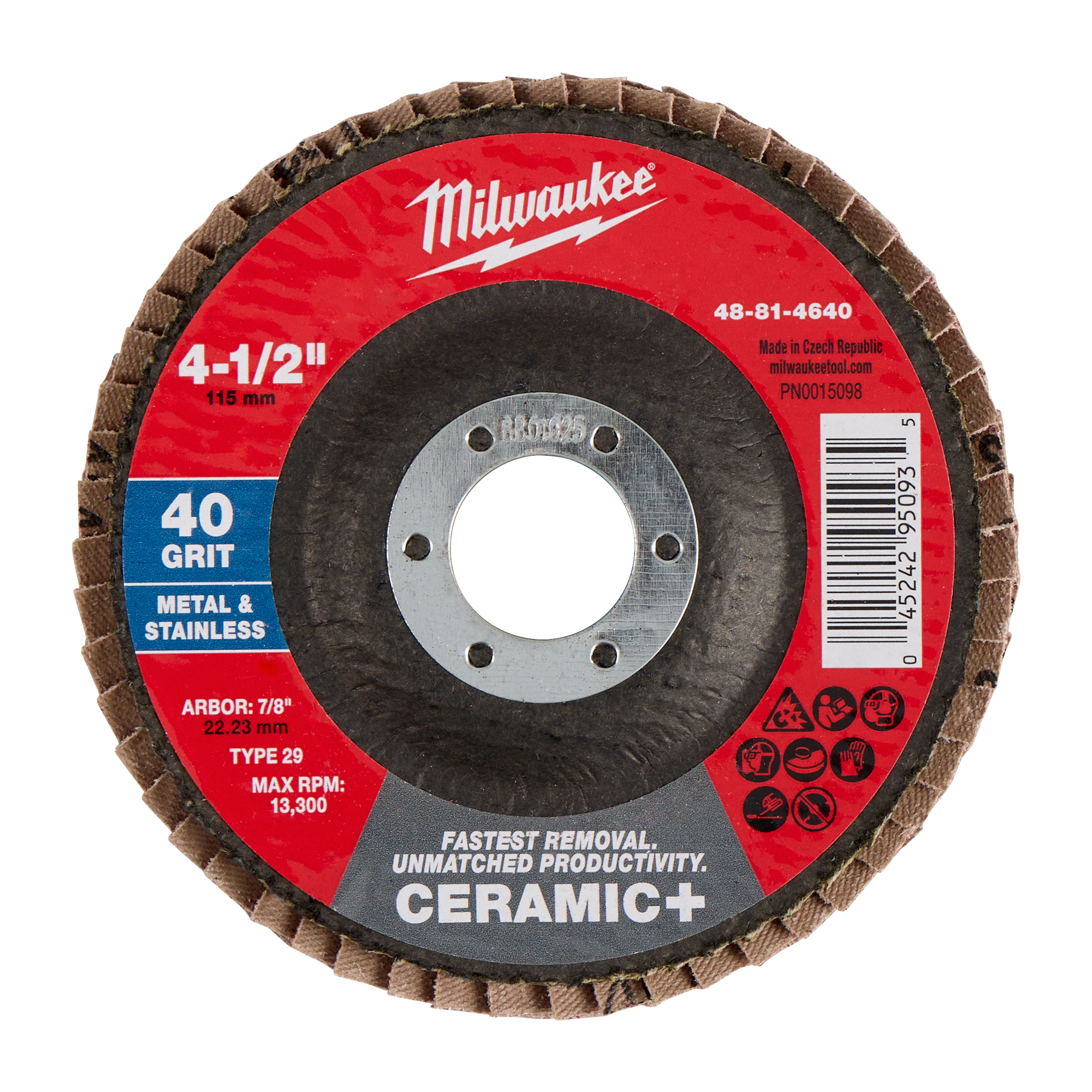 4-1/2" x 7/8" 40 Grit Ceramic+ Flap Disc - Type 29 abrasive wheel with central mounting hole.