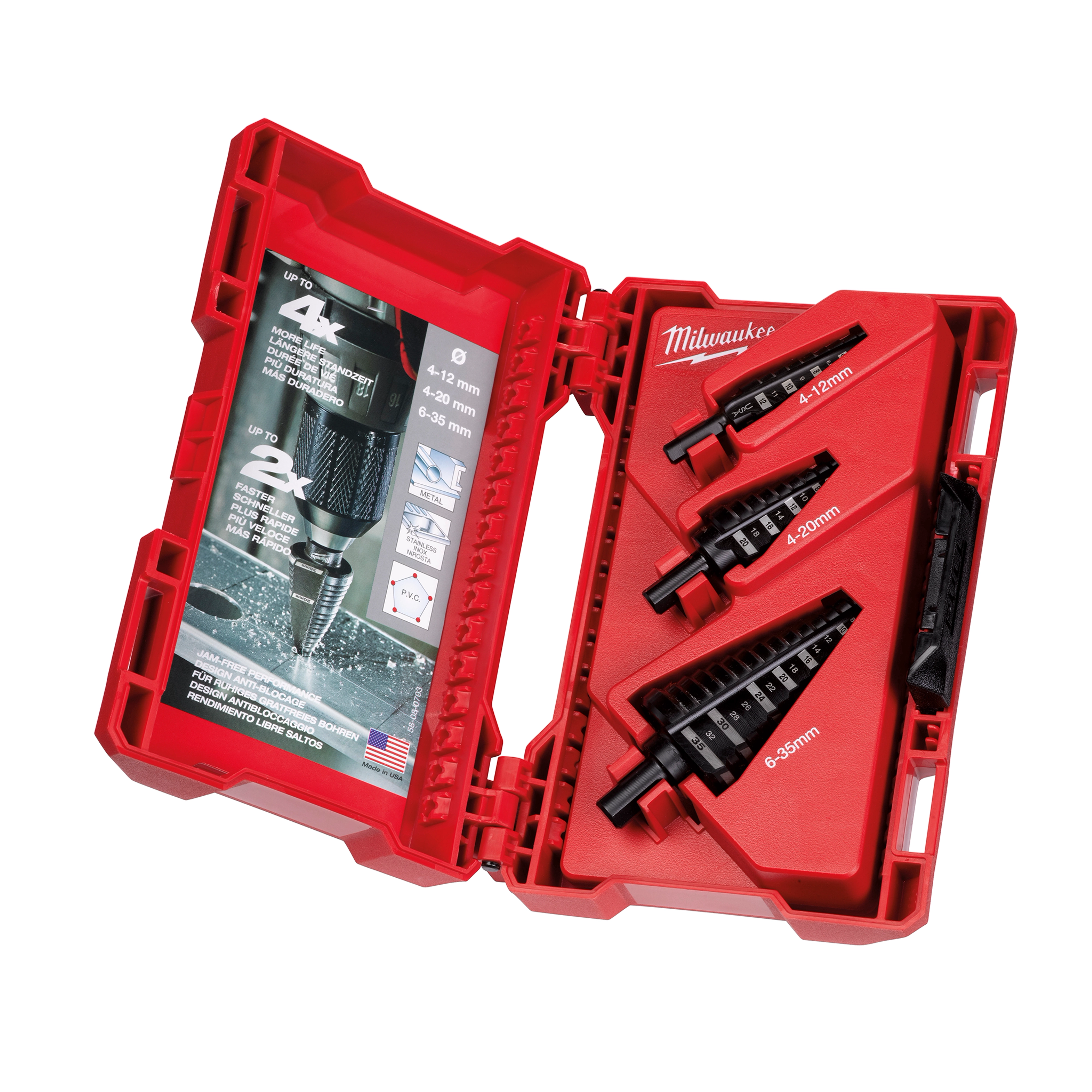 The image displays a red case containing a Step Drill Bit Set Metric - 3PC, with three step drill bits of various sizes.