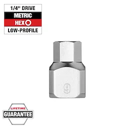 1/4" Drive 9mm Low-Profile Hex Bit Socket with a lifetime guarantee and labeled "metric" and "hex."