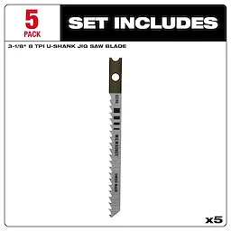 Set of five 3-1/8" 8 TPI U-Shank wood high carbon steel jig saw blades, suitable for precise cuts, displayed individually on packaging.