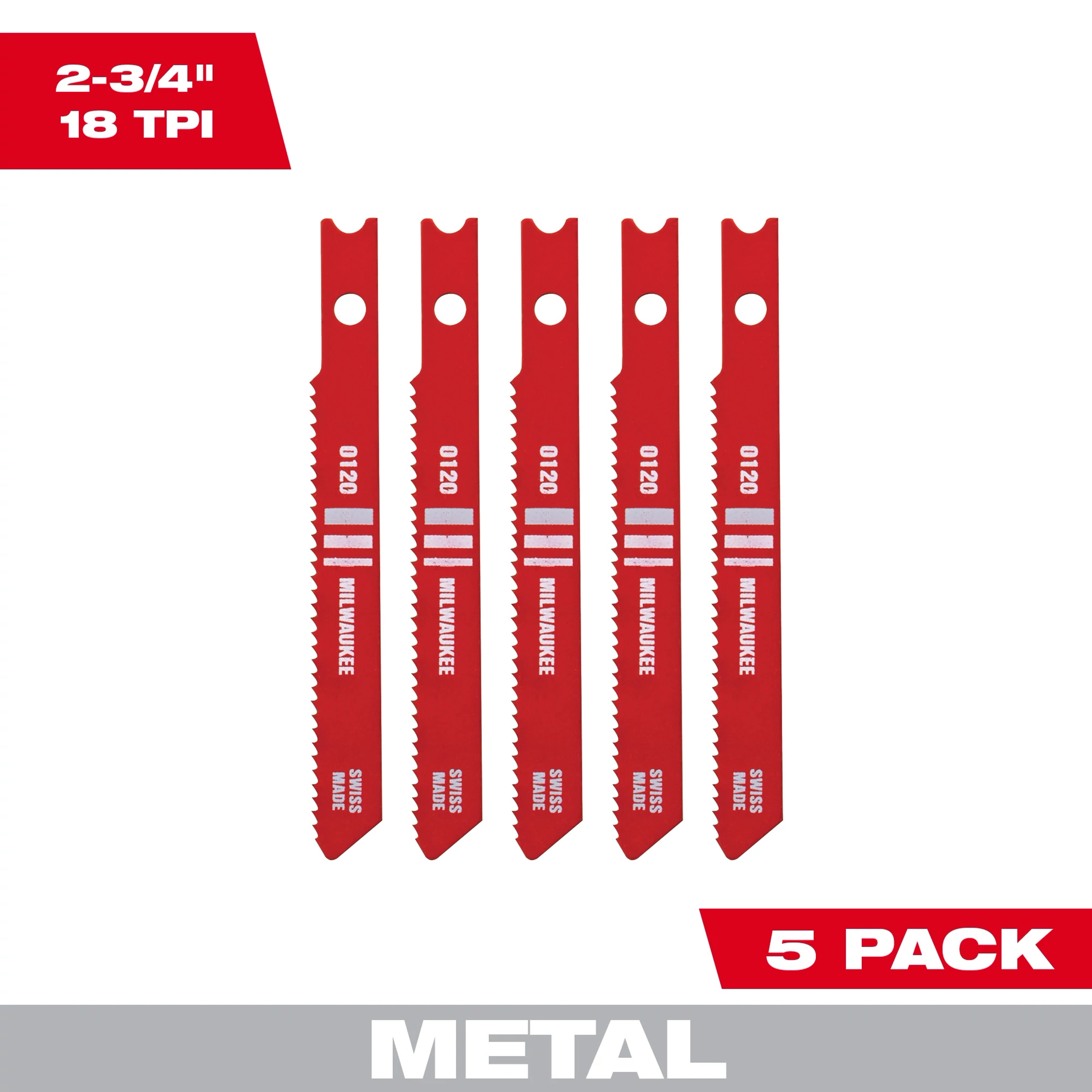 2-3/4" 18TPI U-Shank Metal High Speed Steel Jig Saw Blades 5PK, red color, arranged in a row against a white background.