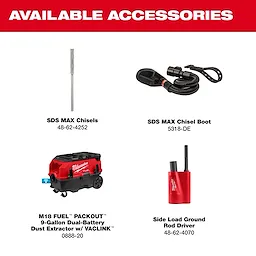 Accessories for the M18 FUEL 18 lb SDS MAX Demolition Hammer Kit w/ ONE-KEY are arranged on a white background.