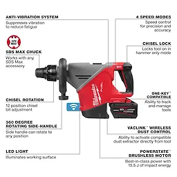Red and black M18 FUEL 18 lb SDS MAX Demolition Hammer Kit w/ ONE-KEY with labeled feature callouts around it.
