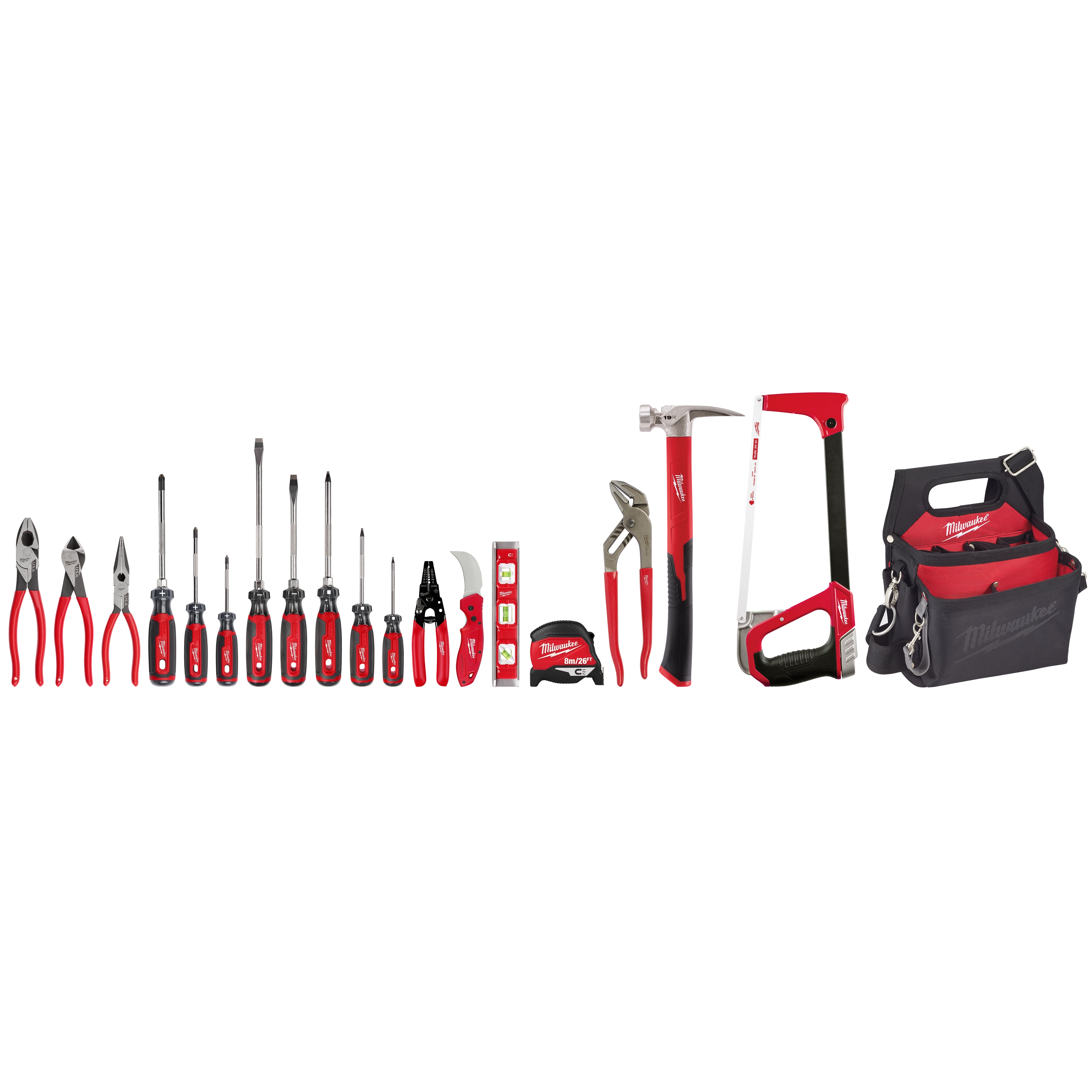 Milwaukee 19 PC. Electrician's Hand Tool Set includes various tools such as pliers, screwdrivers, levels, tape measure, saw, and a hammer, along with a tool pouch. All tools feature red handles, and the set is designed for electricians.