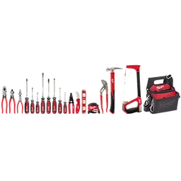 Milwaukee 19 PC. Electrician's Hand Tool Set includes various tools such as pliers, screwdrivers, levels, tape measure, saw, and a hammer, along with a tool pouch. All tools feature red handles, and the set is designed for electricians.
