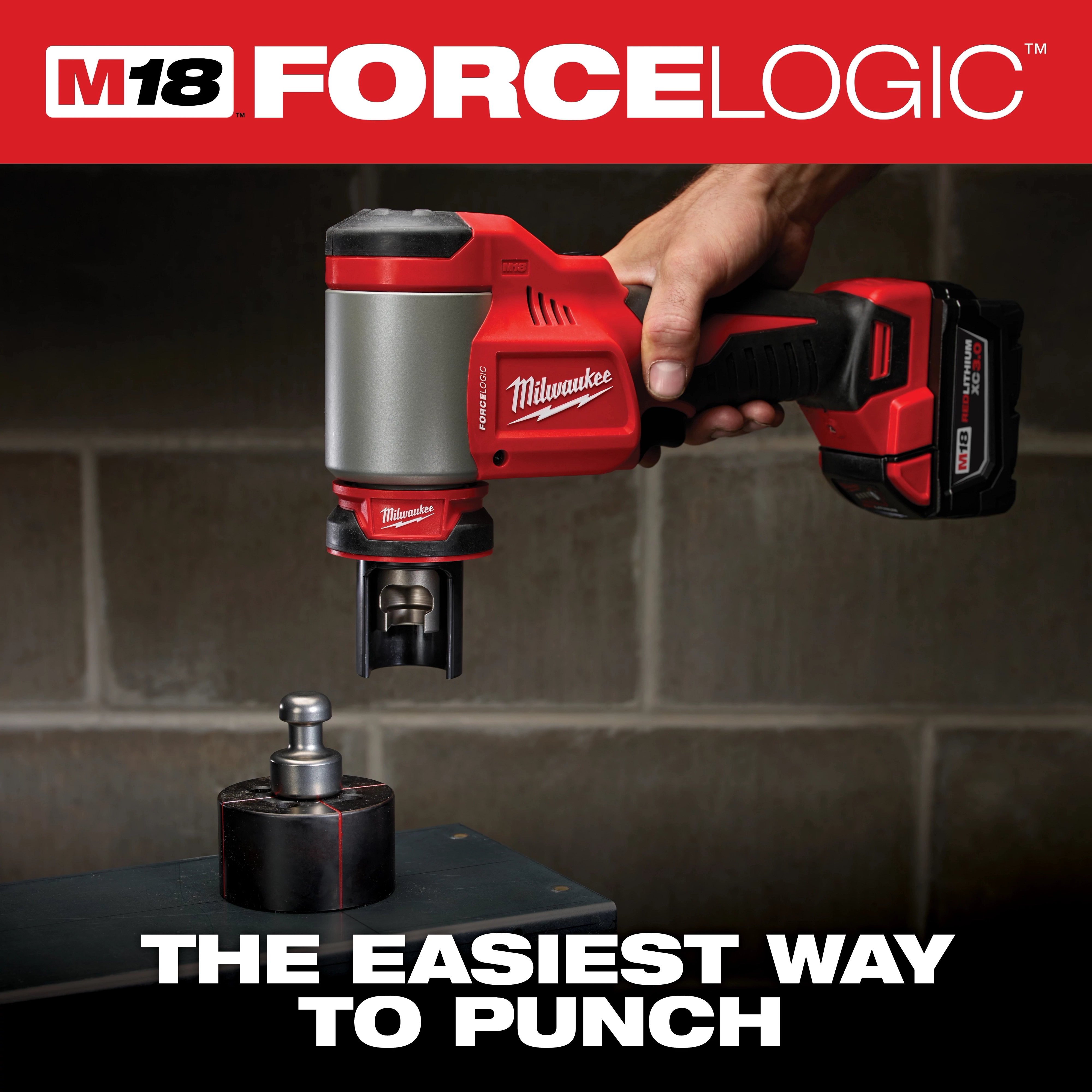 A Milwaukee M18 FORCE LOGIC handheld power tool is shown in use punching a hole into a piece of metal. The device is operated by hand and features a red and black design with the Milwaukee logo clearly visible. The slogan "The Easiest Way to Punch" is displayed below.