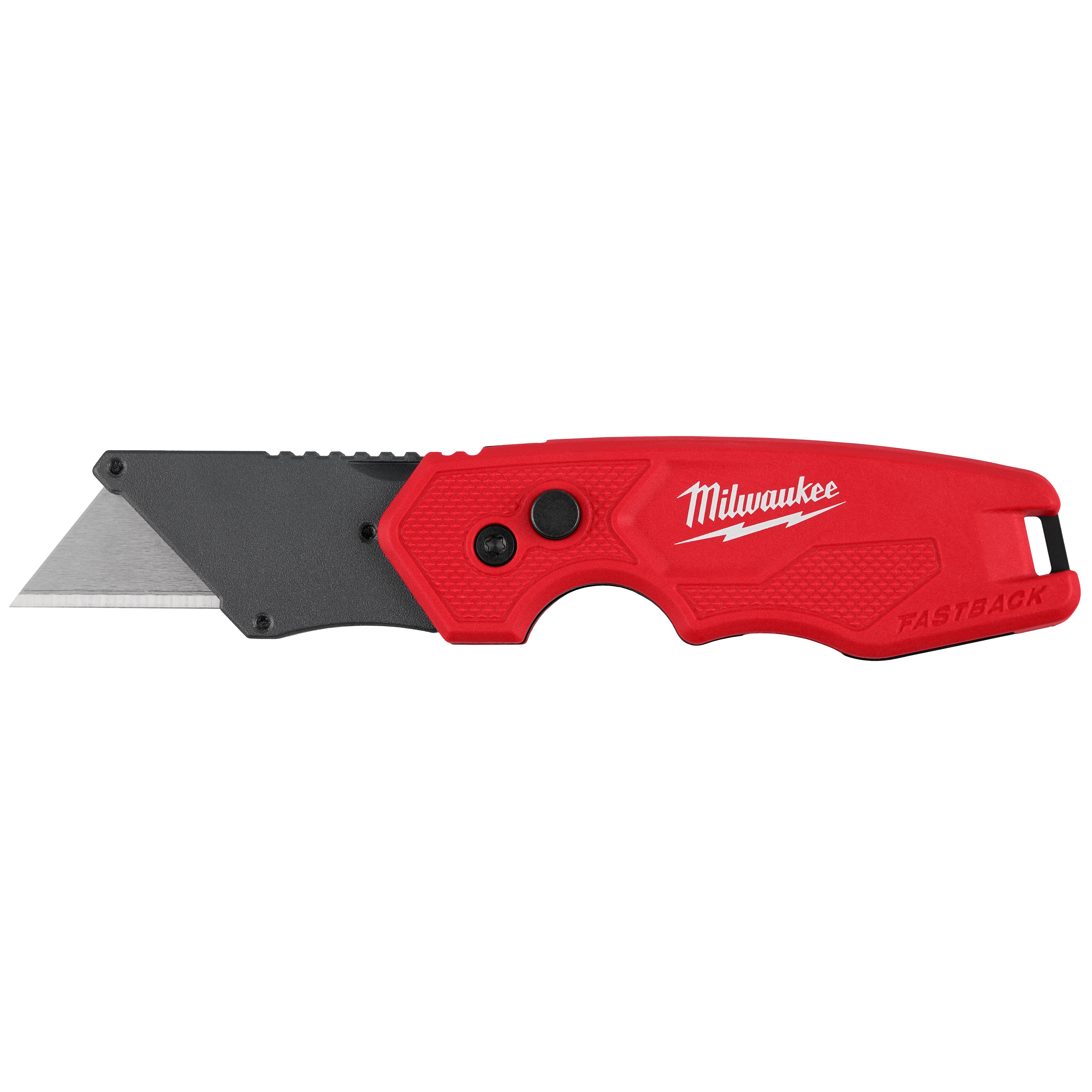 FASTBACK Compact Folding Utility Knife with a red textured handle and extended metal blade on a plain background.