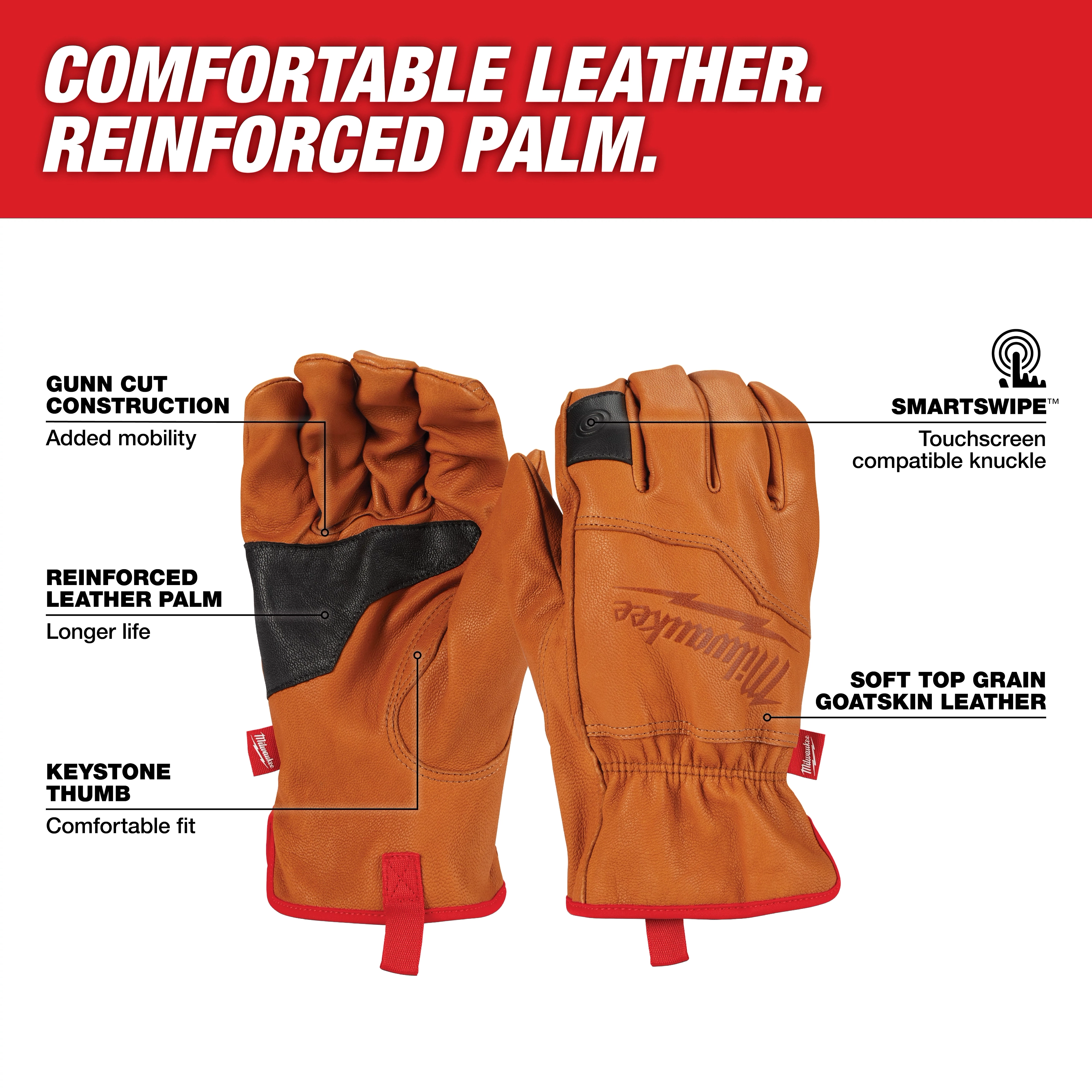 Goatskin Leather Gloves feature reinforced palms, a keystone thumb, Gunn cut design, and touchscreen-compatible SmartSwipe knuckles.