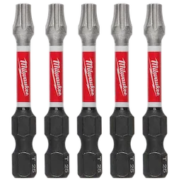 Five SHOCKWAVE™ 2" Impact Duty TORX® T25 Power Bits are arranged in a row. The bits are black and silver with red "Milwaukee" branding in the center. This image shows a 5-pack of T25 power bits designed for heavy-duty impact use.