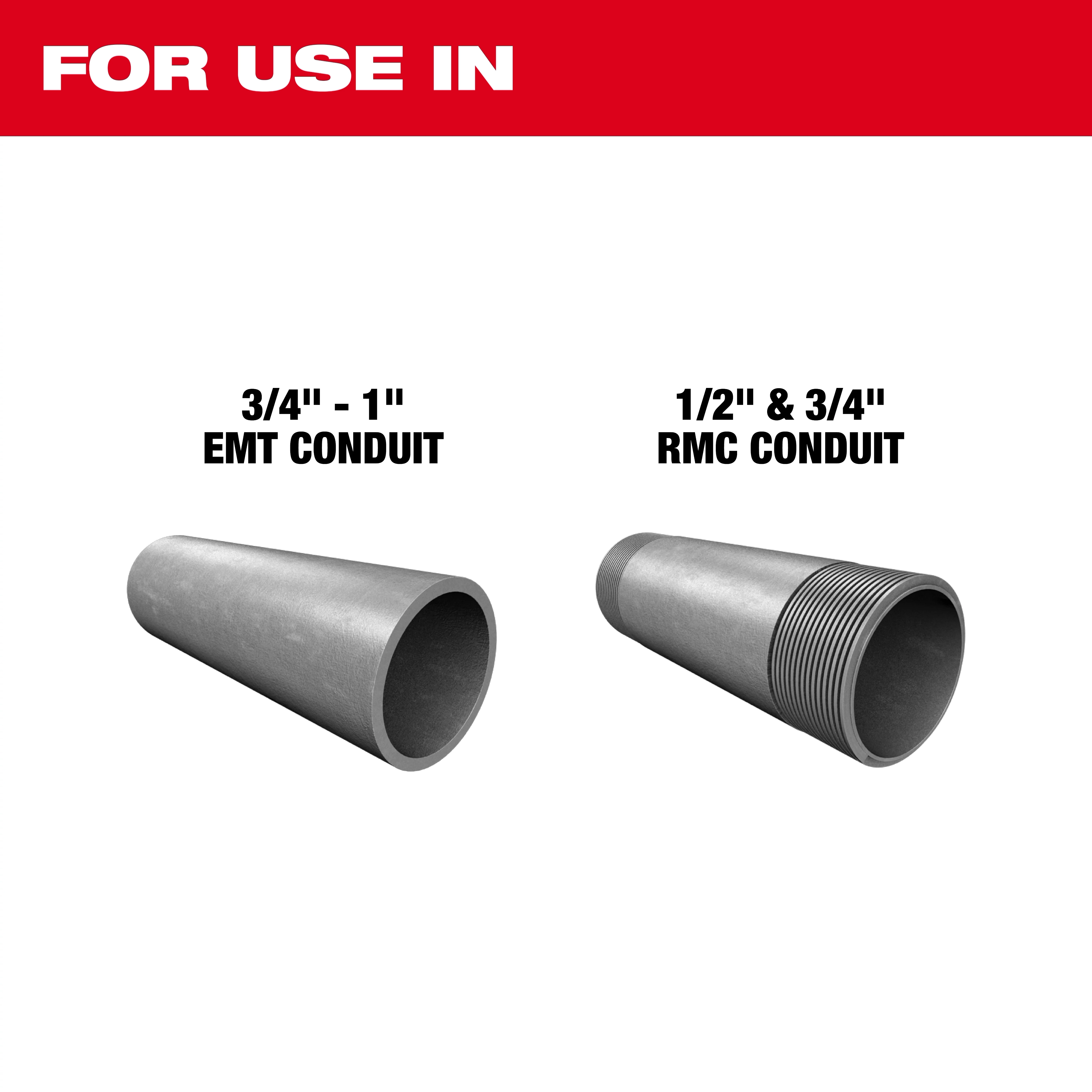 The image shows two types of conduits: a 3/4" to 1" EMT conduit and a 1/2" to 3/4" RMC conduit. It indicates their compatibility with the M18 FUEL™ BRANCH CONDUIT BENDER w/ AUTO-ZERO™.