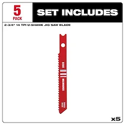 2-3/4" 14 TPI U-Shank Jig Saw Blade 5-pack with a metal high-speed steel blade shown in detail.