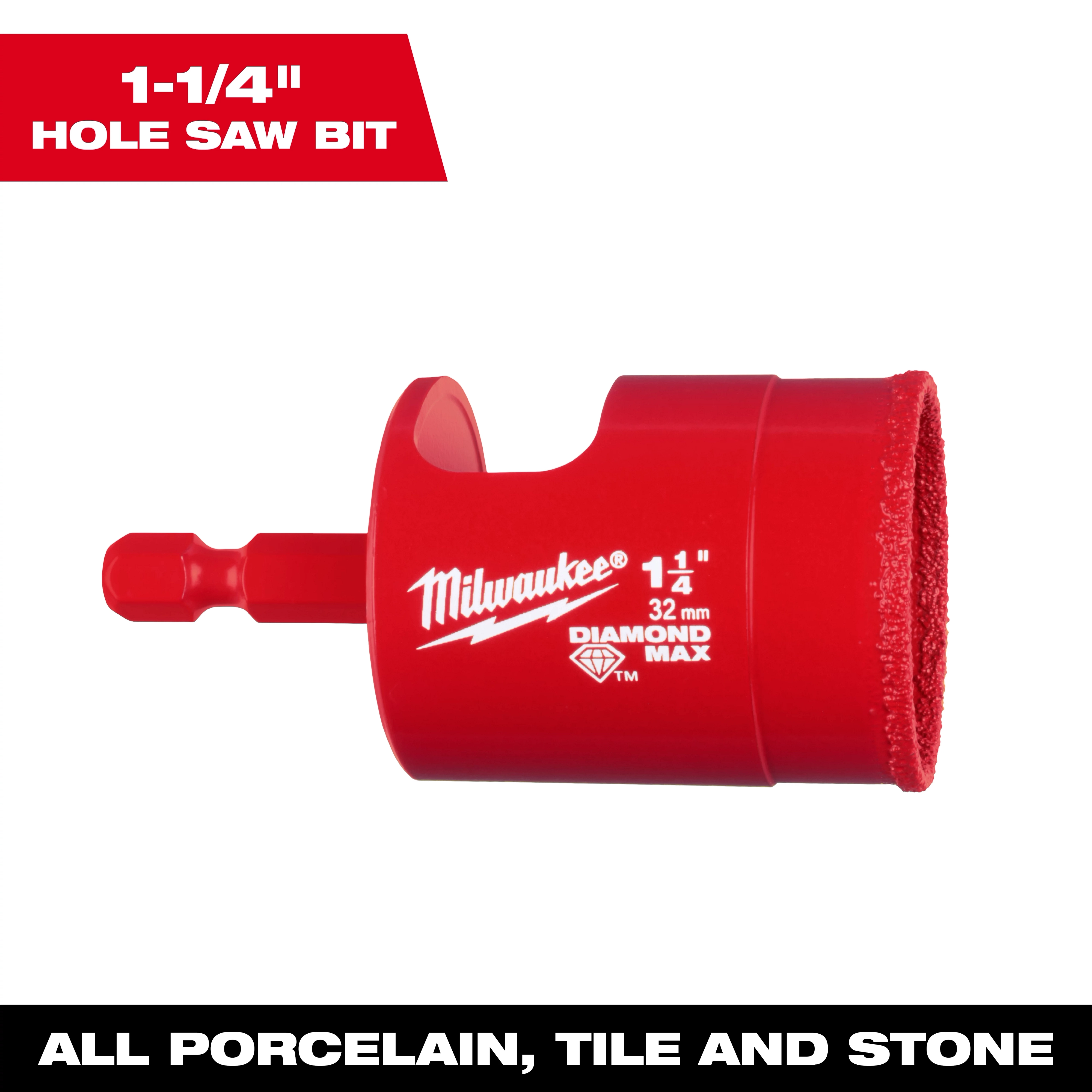 Red 1-1/4 inch Diamond Max Hole Saw Bit for drilling porcelain, tile, and stone, with diamond grit and a rugged design.