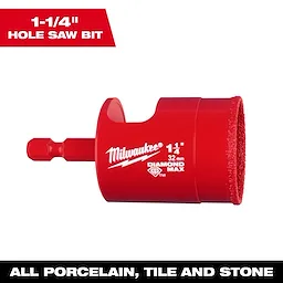 Red 1-1/4 inch Diamond Max Hole Saw Bit for drilling porcelain, tile, and stone, with diamond grit and a rugged design.