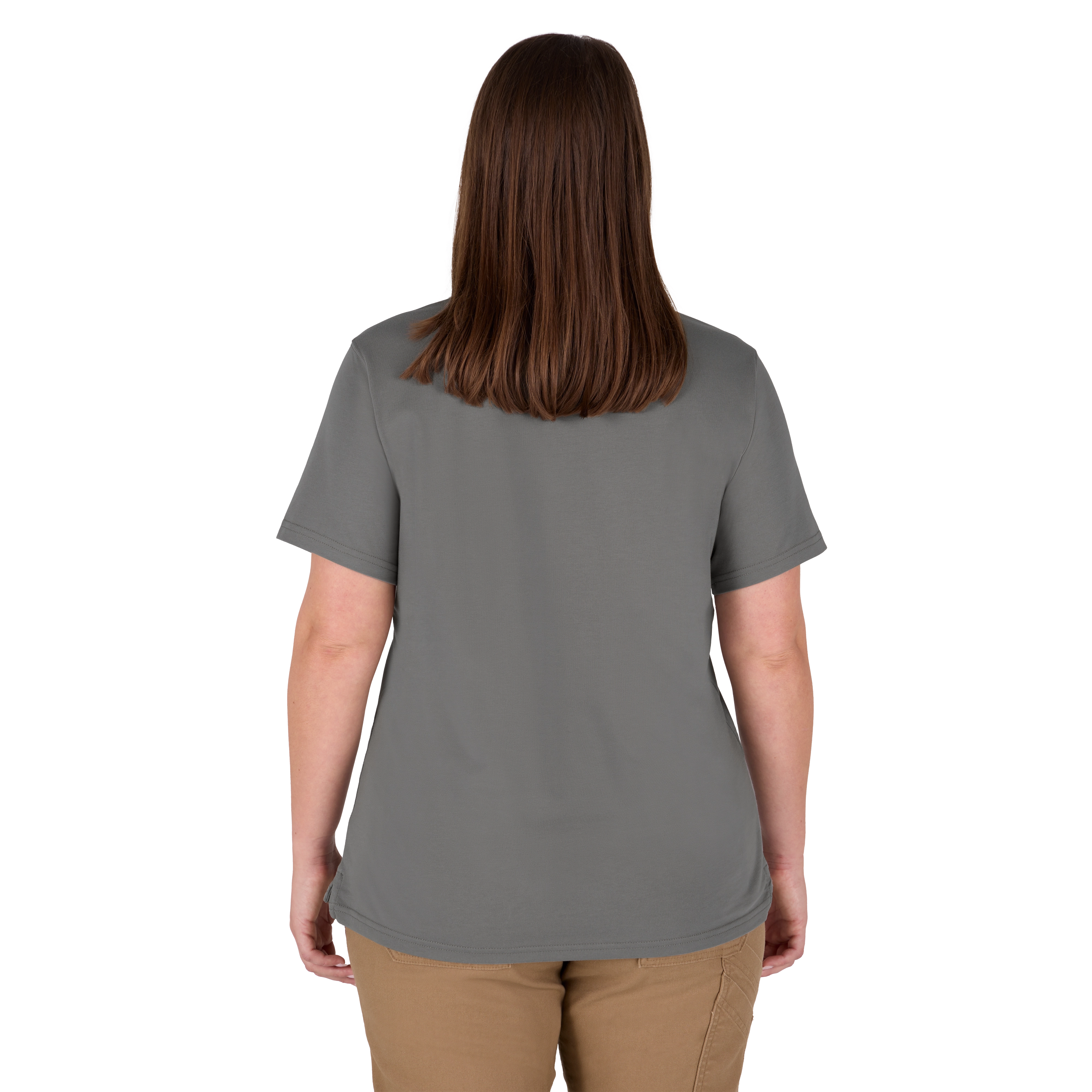 A woman with brown hair is shown from the back wearing a short-sleeve gray t-shirt and tan pants. The description of the t-shirt is Women%27s%20GRIDIRON%E2%84%A2Pocket%20T-Shirt%20-%20Short%20Sleeve%20Gray. The shirt has a plain design without visible logos or patterns.