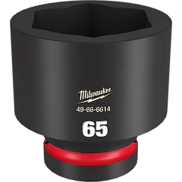 A black 1%22%20DR%2065MM%20STD%20IMPACT%20SOCKET labeled with "Milwaukee 49-66-6614" and a bold white number "65" on the front. The socket features a red ring near the base.