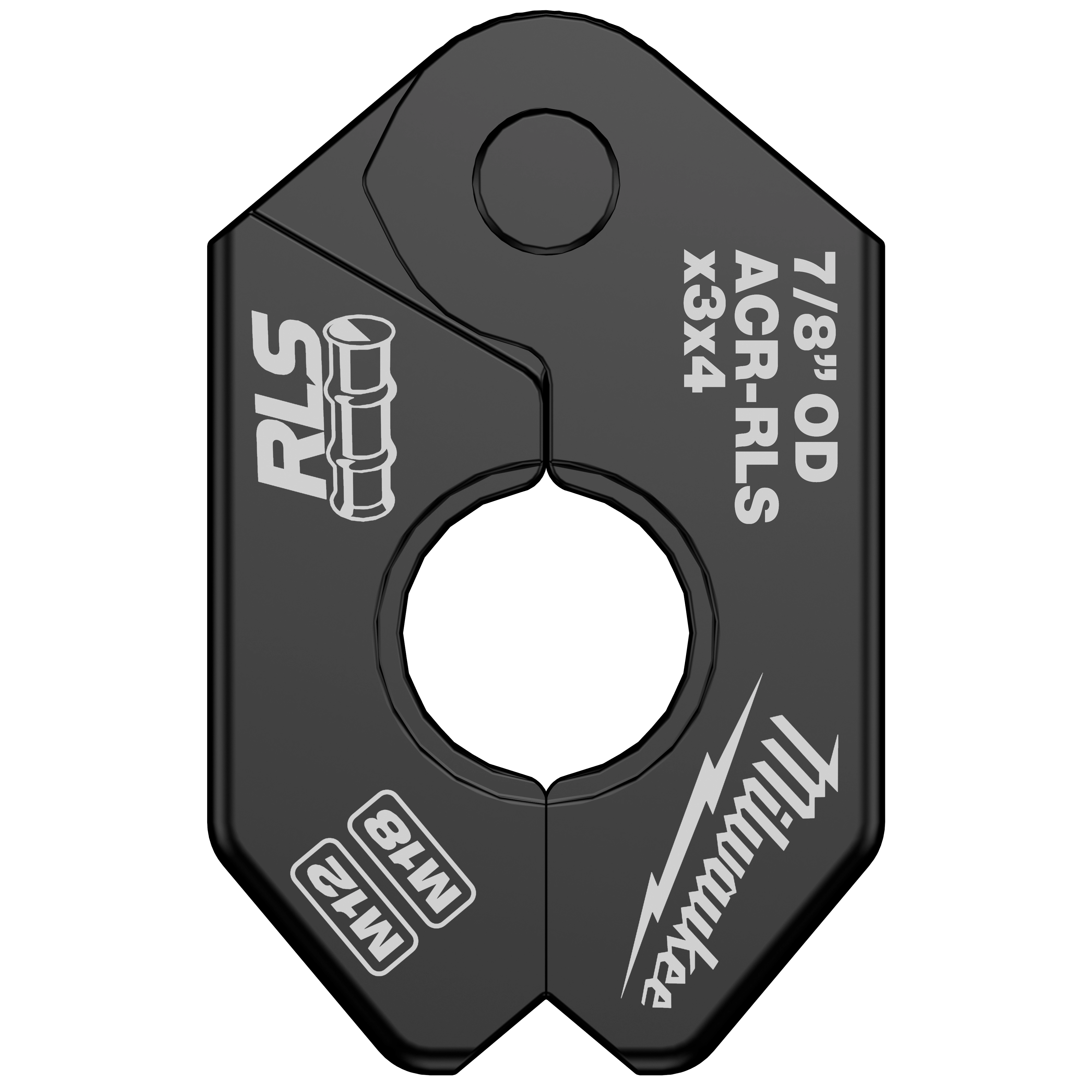 The 7/8" RLS® Pivoting Press Ring by Milwaukee has an outer diameter of 7/8 inches and is labeled with RLS logos, specifications, and the Milwaukee brand name. It features a black, sturdy design with a central circular opening.