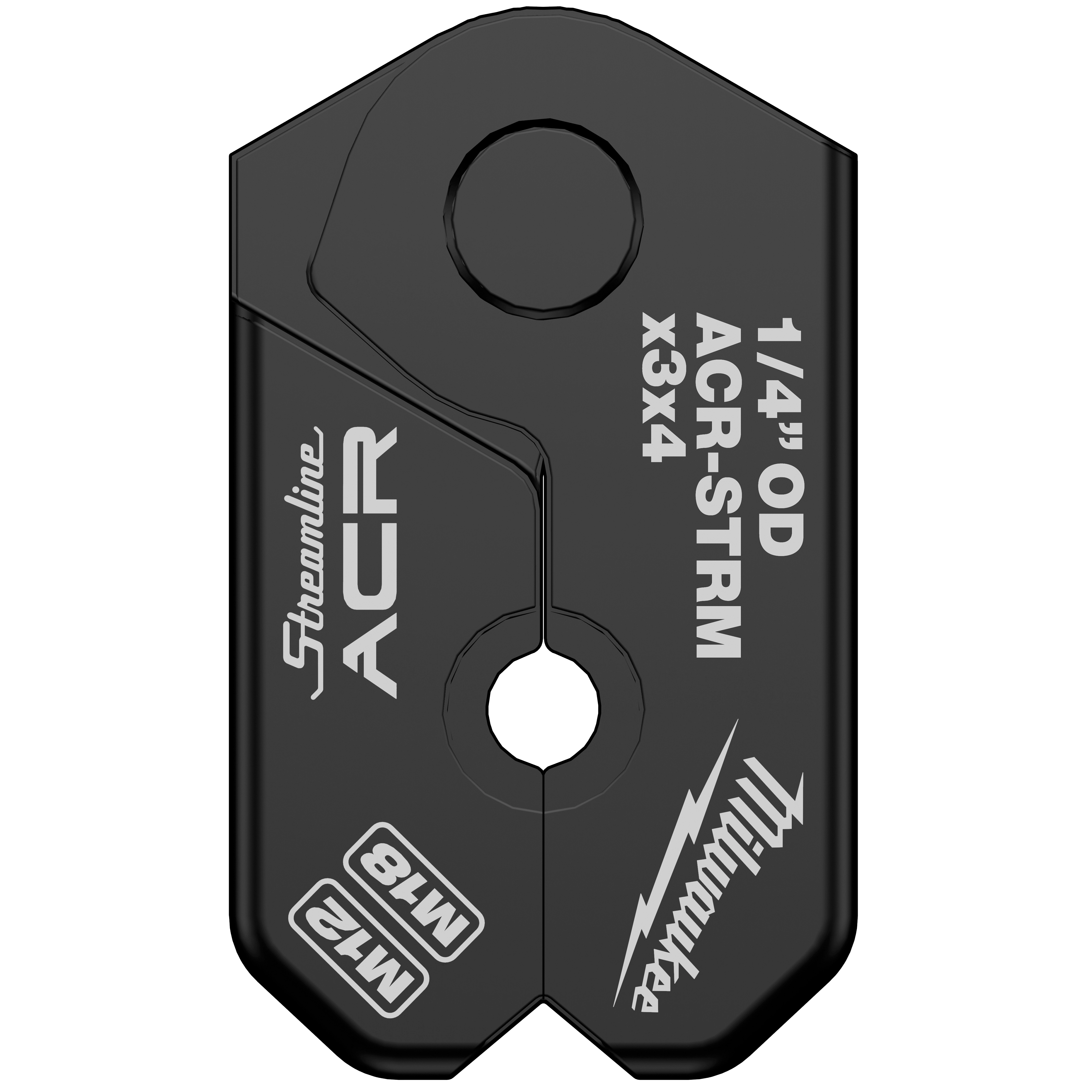 The 1/4" Streamline® ACR Pivoting Press Ring is a black tool with white text indicating its specifications. It includes branding from Streamline® and Milwaukee. It features a central pivoting point designed for 1/4" outside diameter pipes with specific model and measurement details highlighted on the surface.