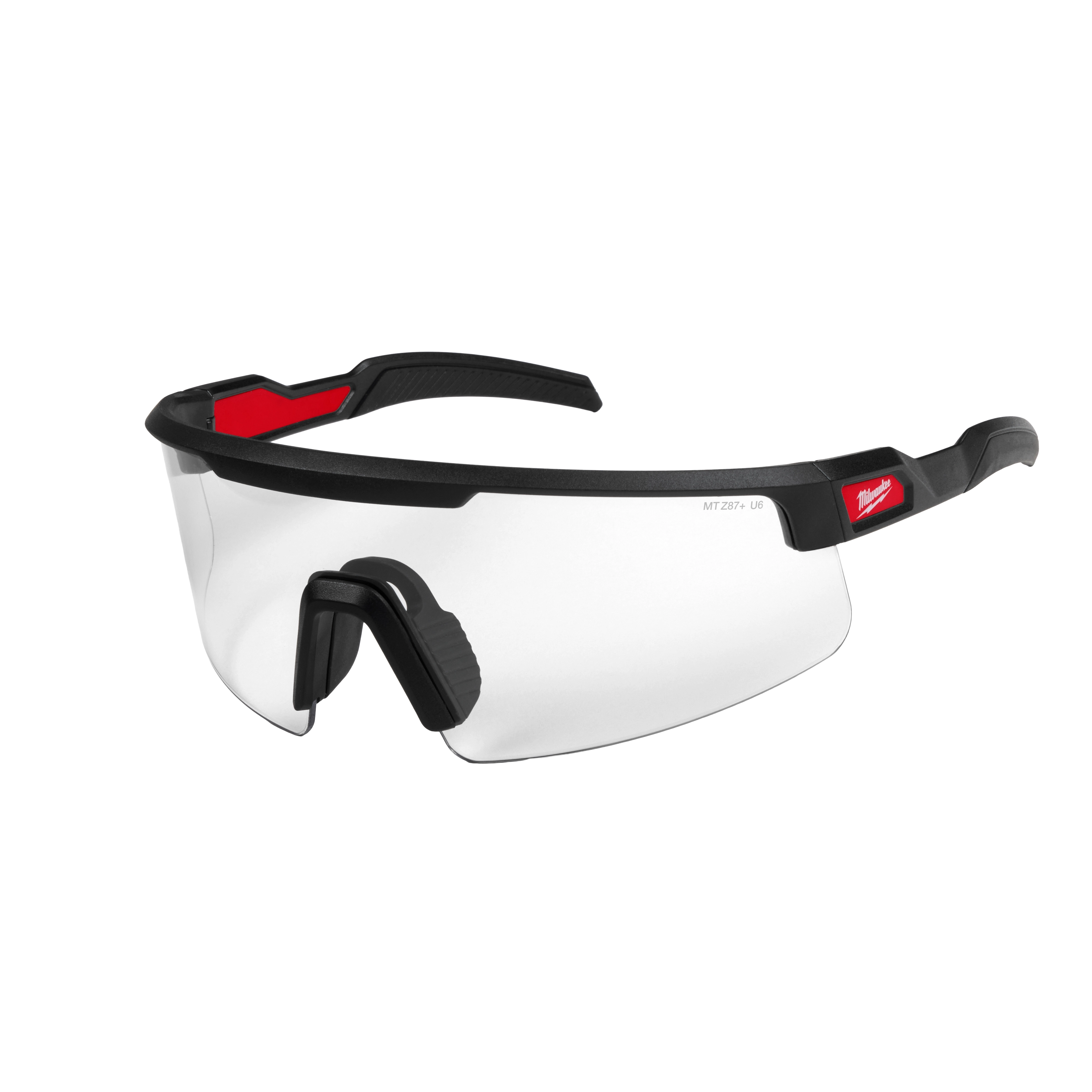 Wrap Around Safety Glasses with Clear Anti-Scratch Lenses feature a black and red frame with a comfortable nose pad. Designed for eye protection, these glasses provide a clear view while preventing scratches on the lenses. Ideal for use in construction and industrial settings.