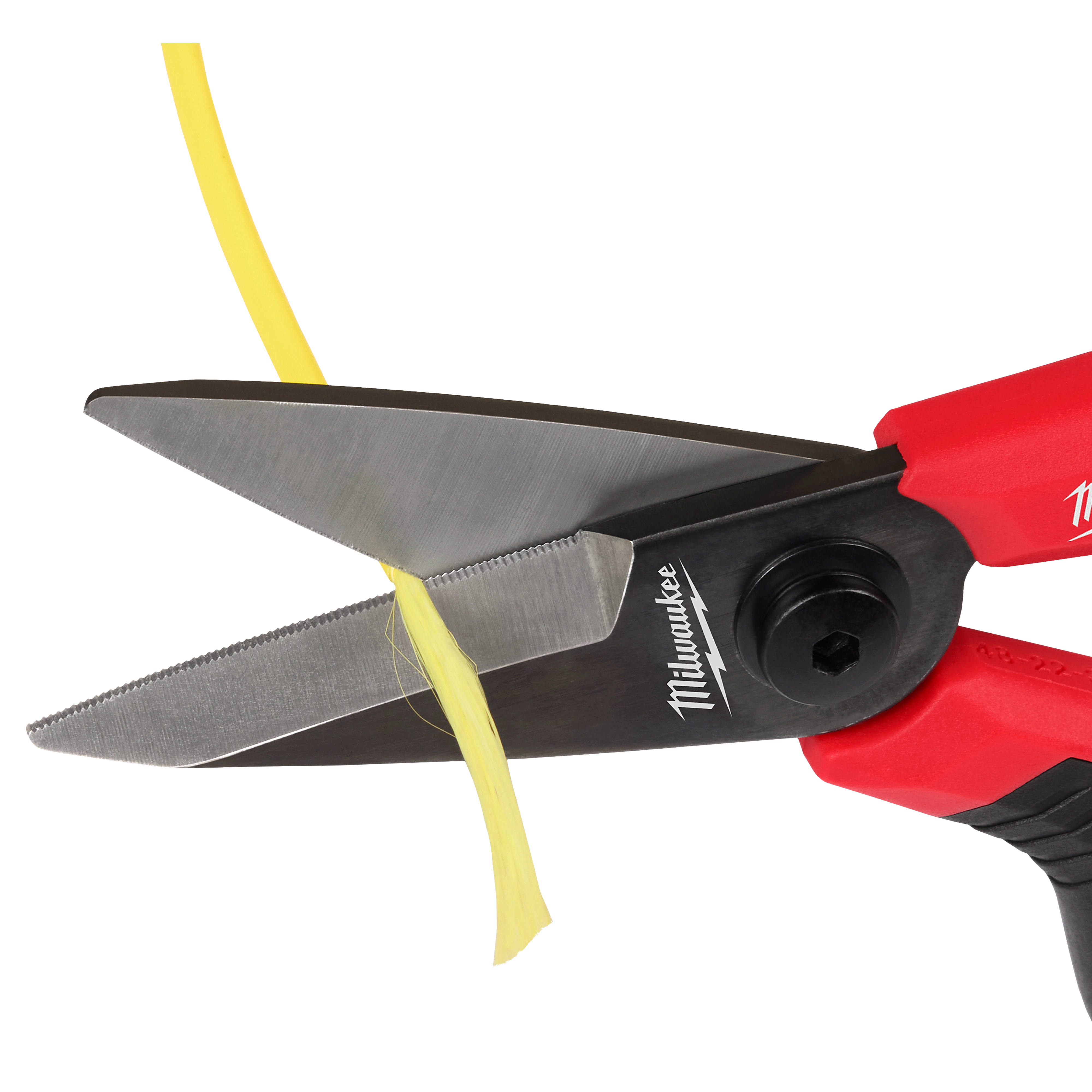 Red-handled snips cutting through a yellow cable.