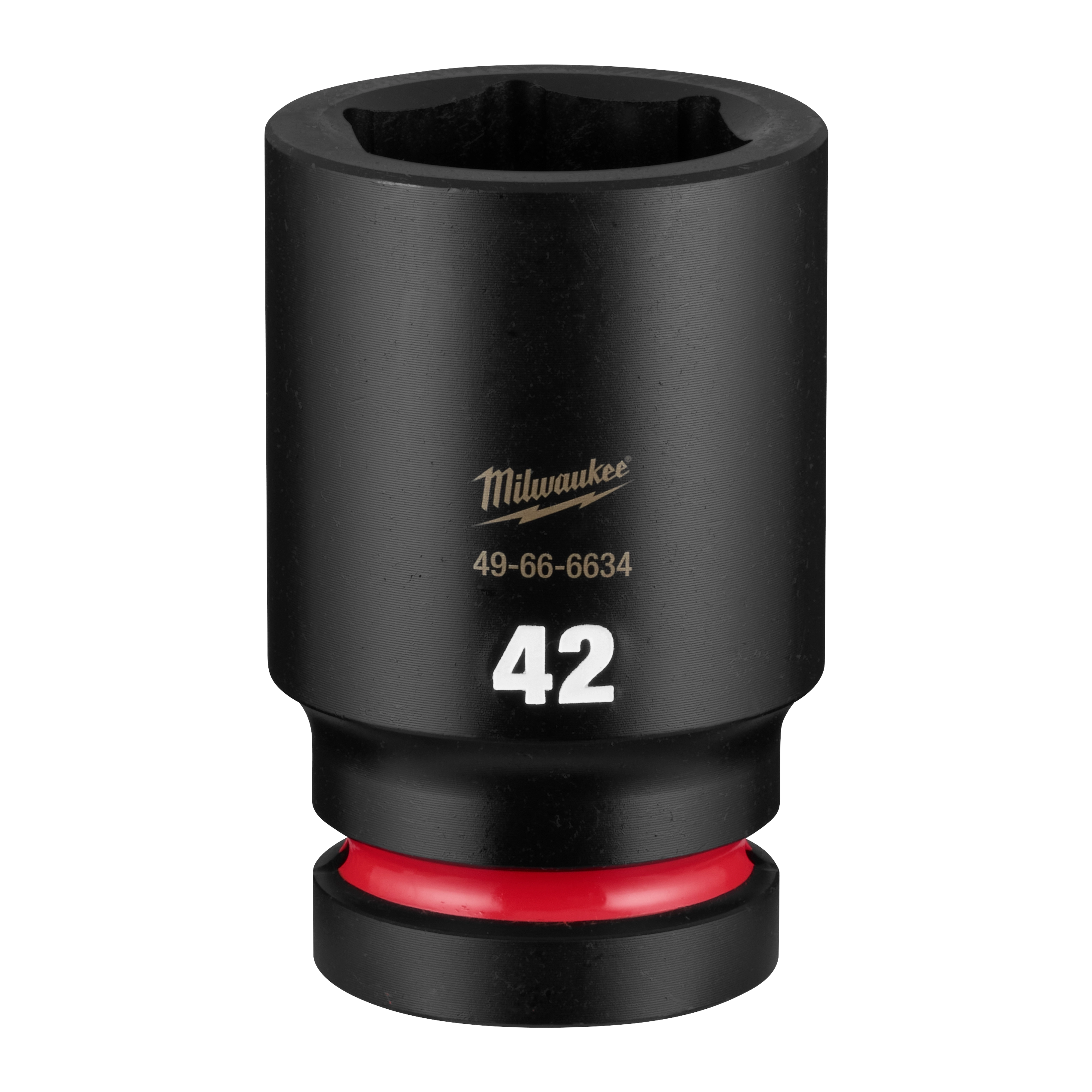 SHOCKWAVE Impact Duty 1" Drive 42mm Deep 6 Point Socket standing upright with a visible 42 marking and red ring.