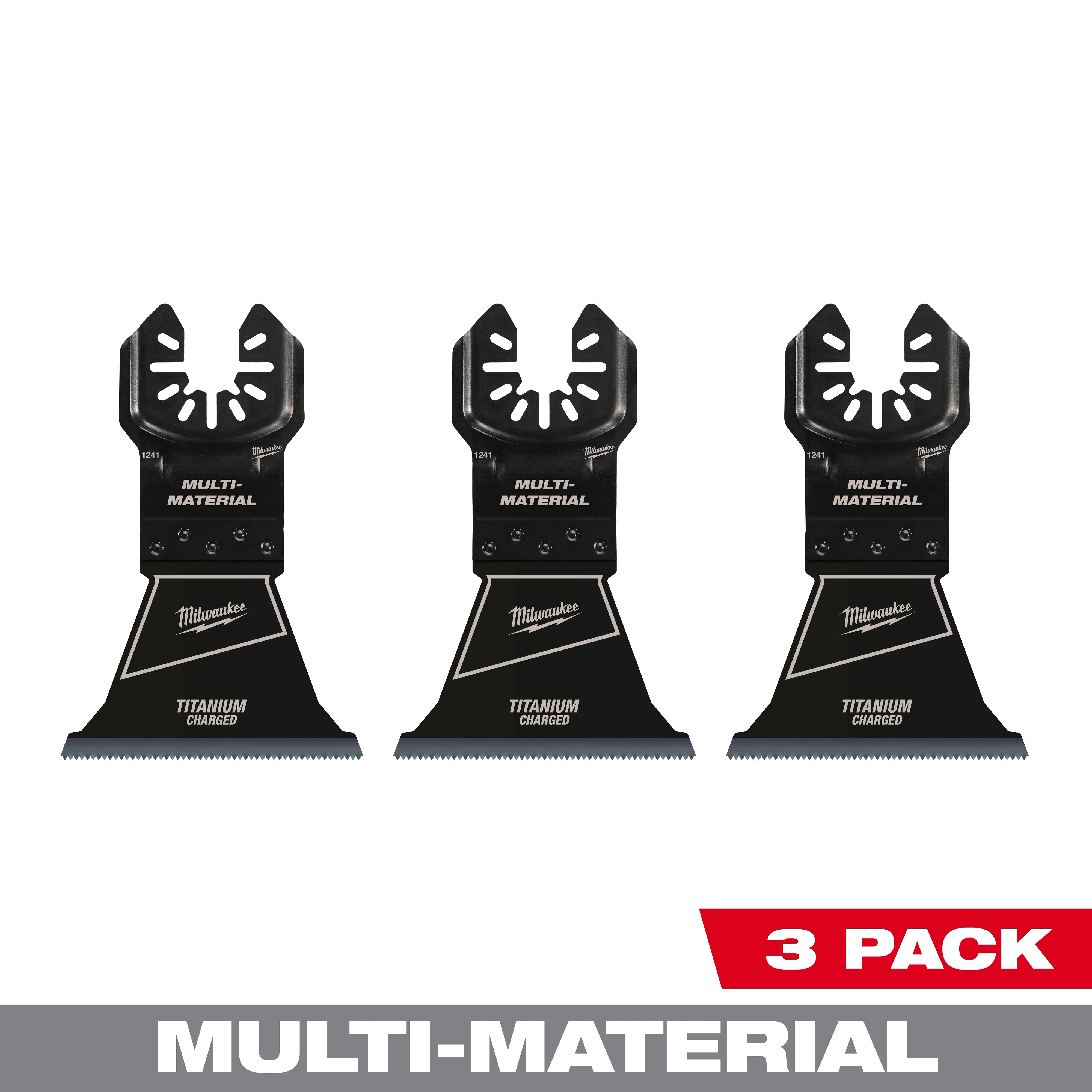 Three Milwaukee Bi-Metal Multi-Material Multi-Tool Blades, 2.5 inches, displayed side by side, labeled "Titanium Charged." 3-pack.